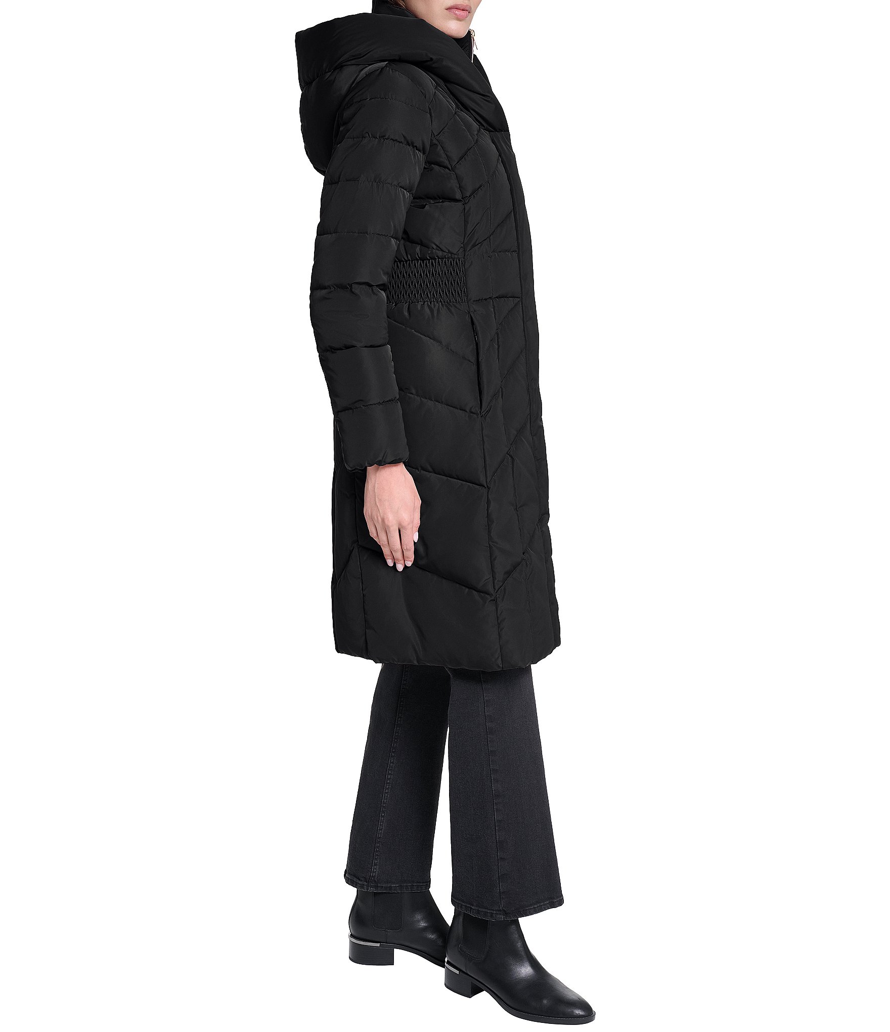 Cole Haan Taffeta Down Stand Collar Elastic Waist Inserts Snap Front Puffer