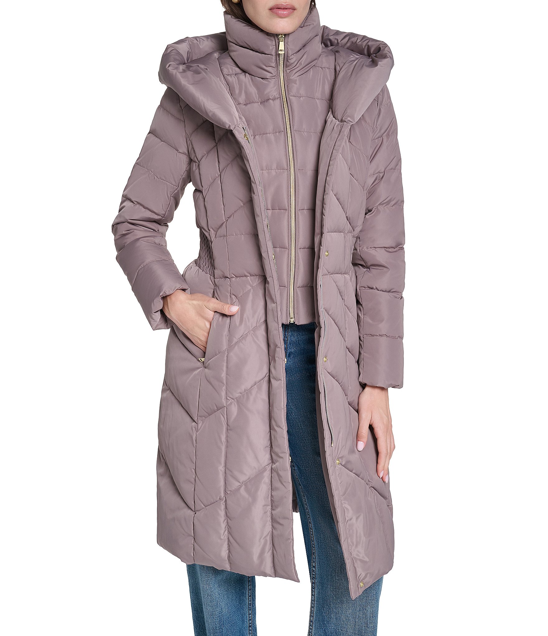 Cole Haan Taffeta Down Stand Collar Elastic Waist Inserts Snap Front Puffer