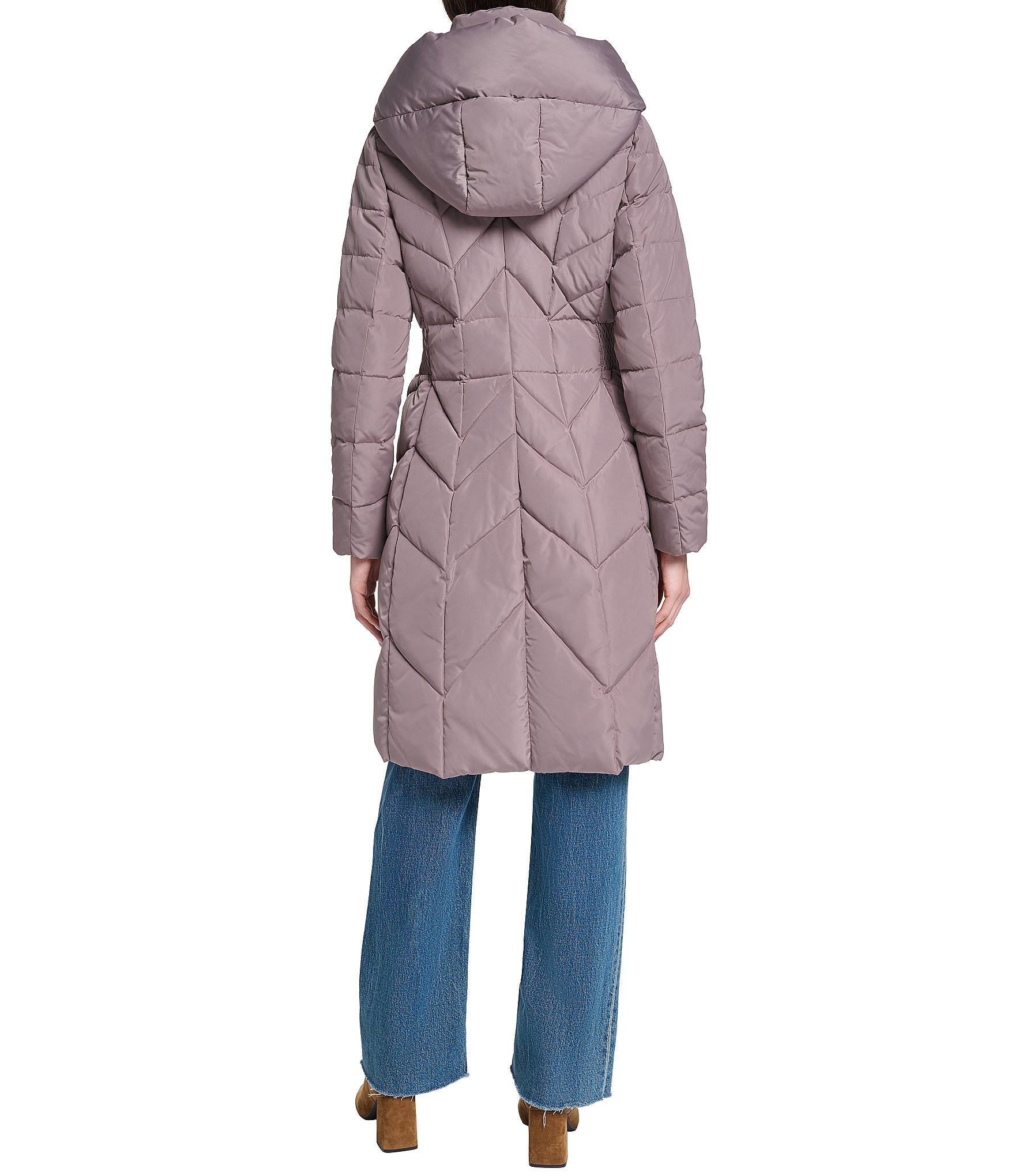 Cole Haan Taffeta Down Stand Collar Elastic Waist Inserts Snap Front Puffer