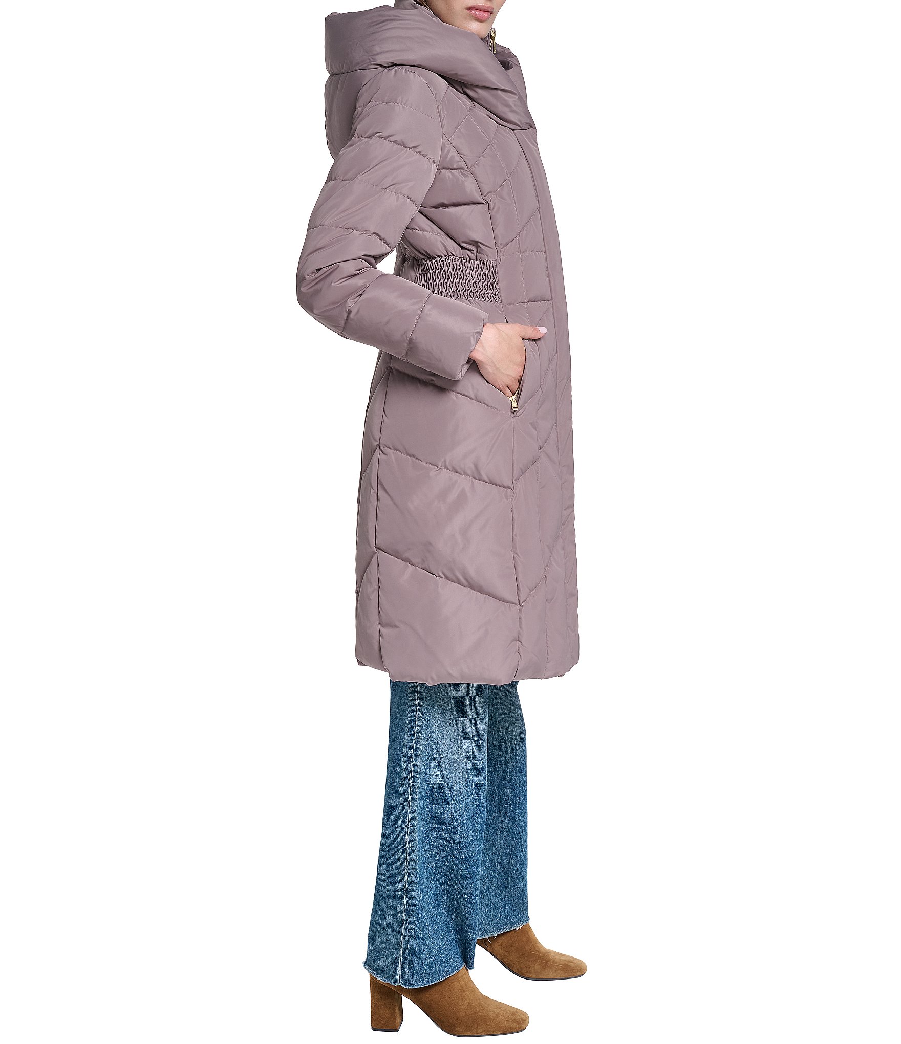 Cole Haan Taffeta Down Stand Collar Elastic Waist Inserts Snap Front Puffer