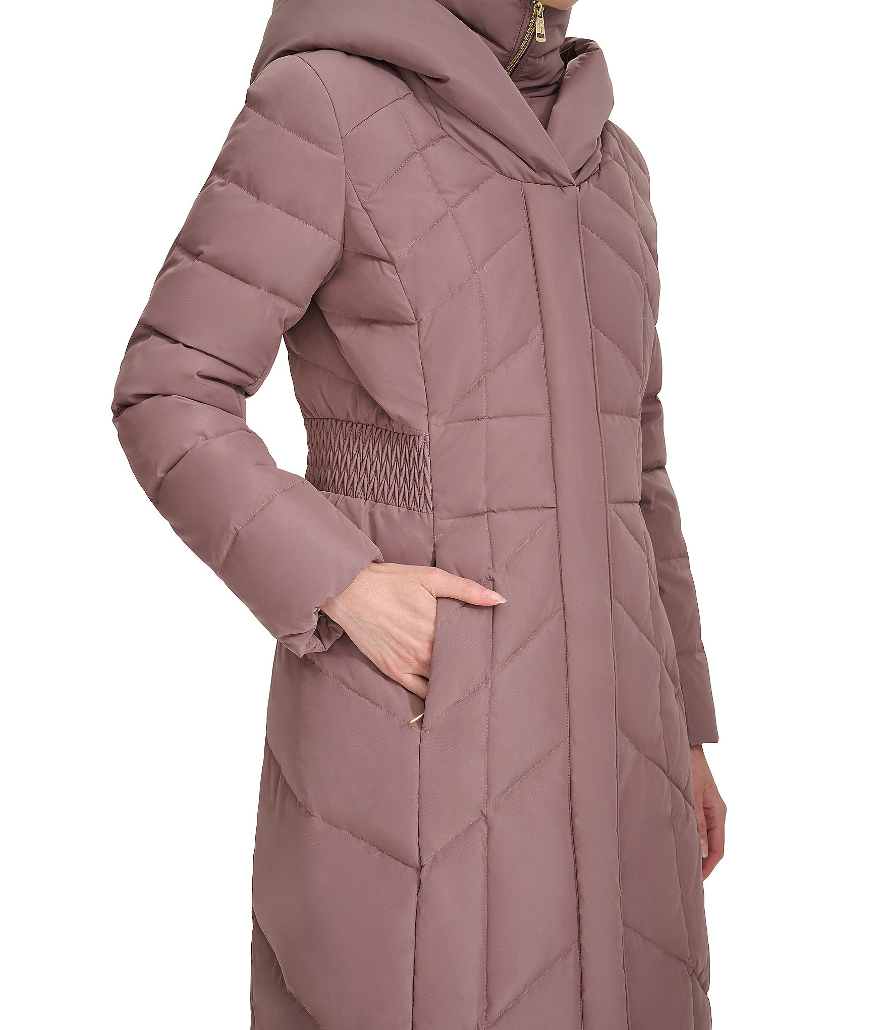 Cole Haan Taffeta Down Stand Collar Elastic Waist Inserts Snap Front Puffer