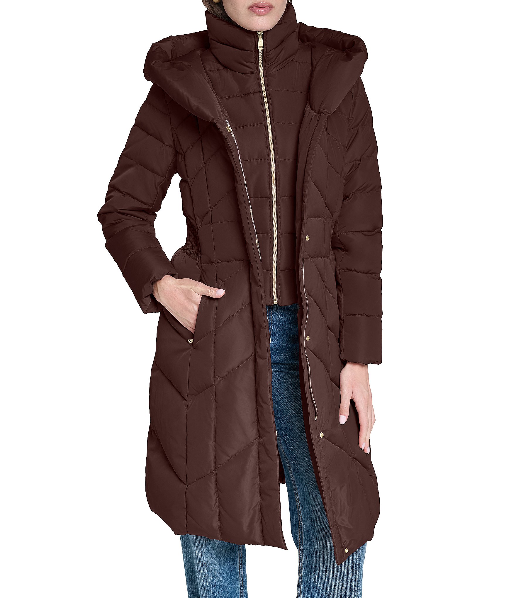Cole Haan Taffeta Down Stand Collar Elastic Waist Inserts Snap Front Puffer