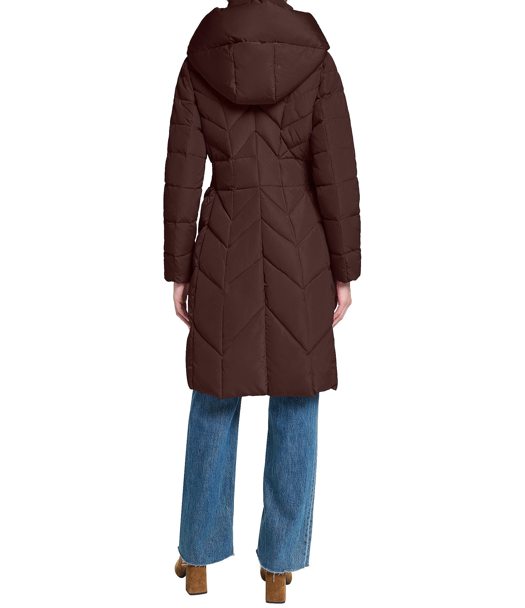 Cole Haan Taffeta Down Stand Collar Elastic Waist Inserts Snap Front Puffer