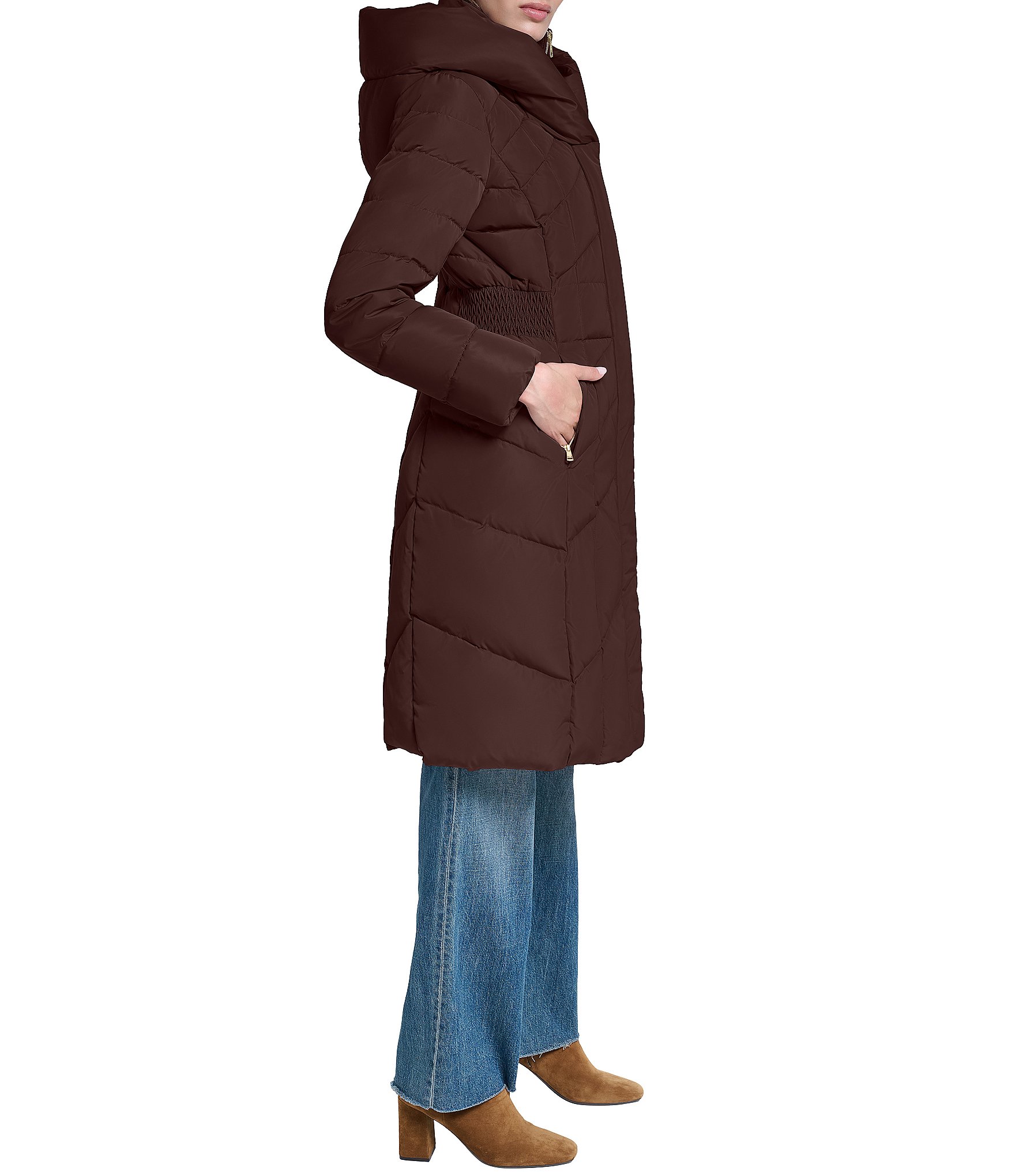 Cole Haan Taffeta Down Stand Collar Elastic Waist Inserts Snap Front Puffer