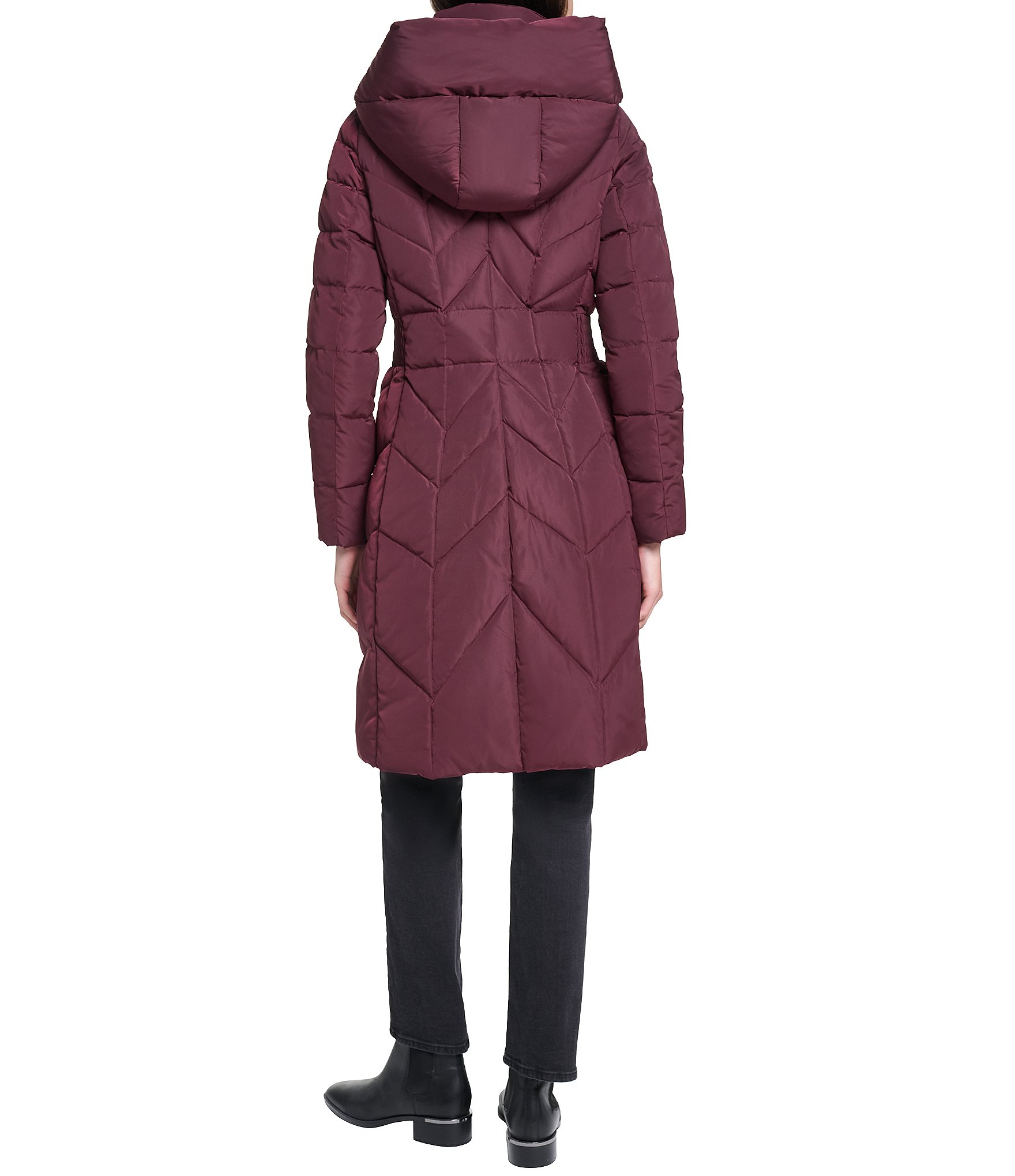 Cole Haan Taffeta Down Stand Collar Elastic Waist Inserts Snap Front Puffer