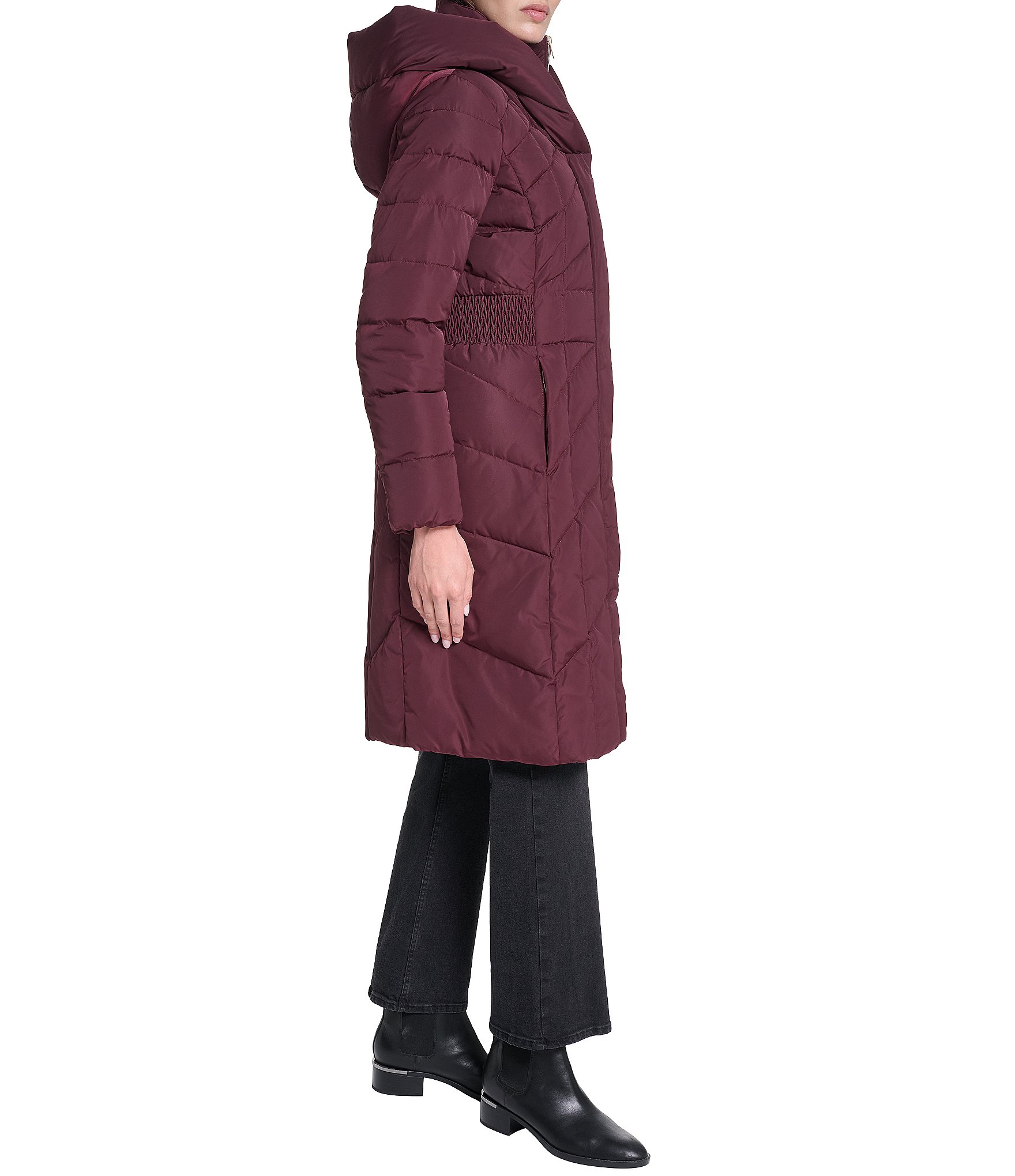 Cole Haan Taffeta Down Stand Collar Elastic Waist Inserts Snap Front Puffer