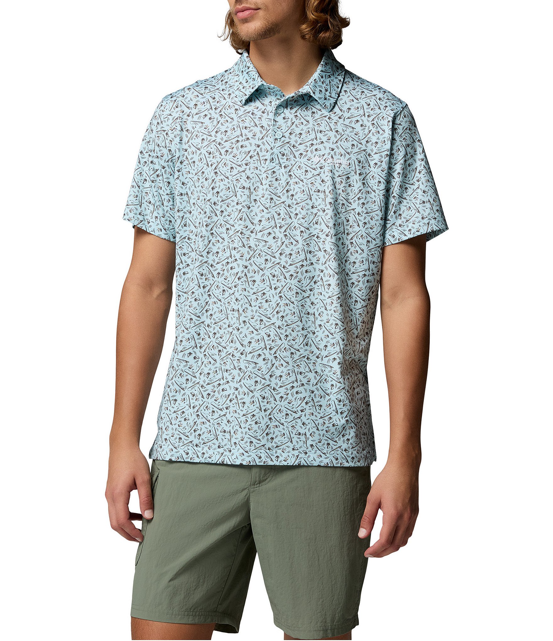 Columbia PFG Super Slacktide II Stretch Fish Print Short Sleeve Polo Shirt
