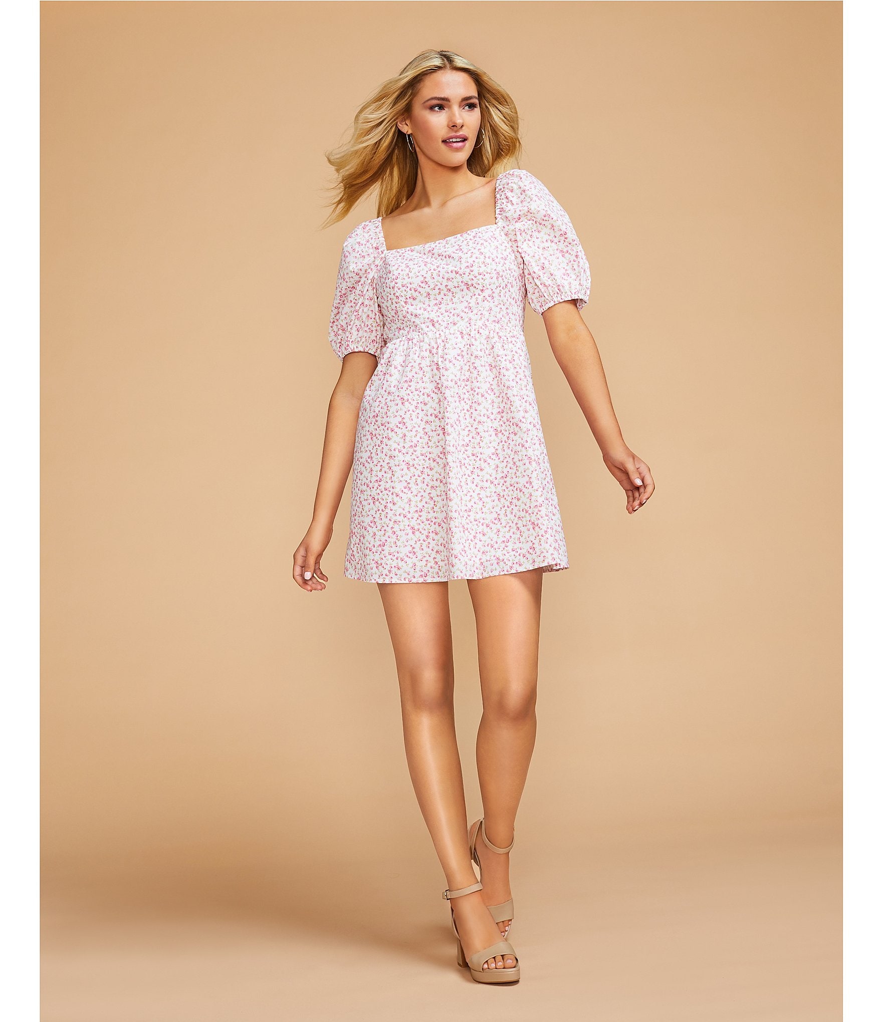 Copper Key Floral Print Square Neck Short Puff Sleeve Smocked Back Dress