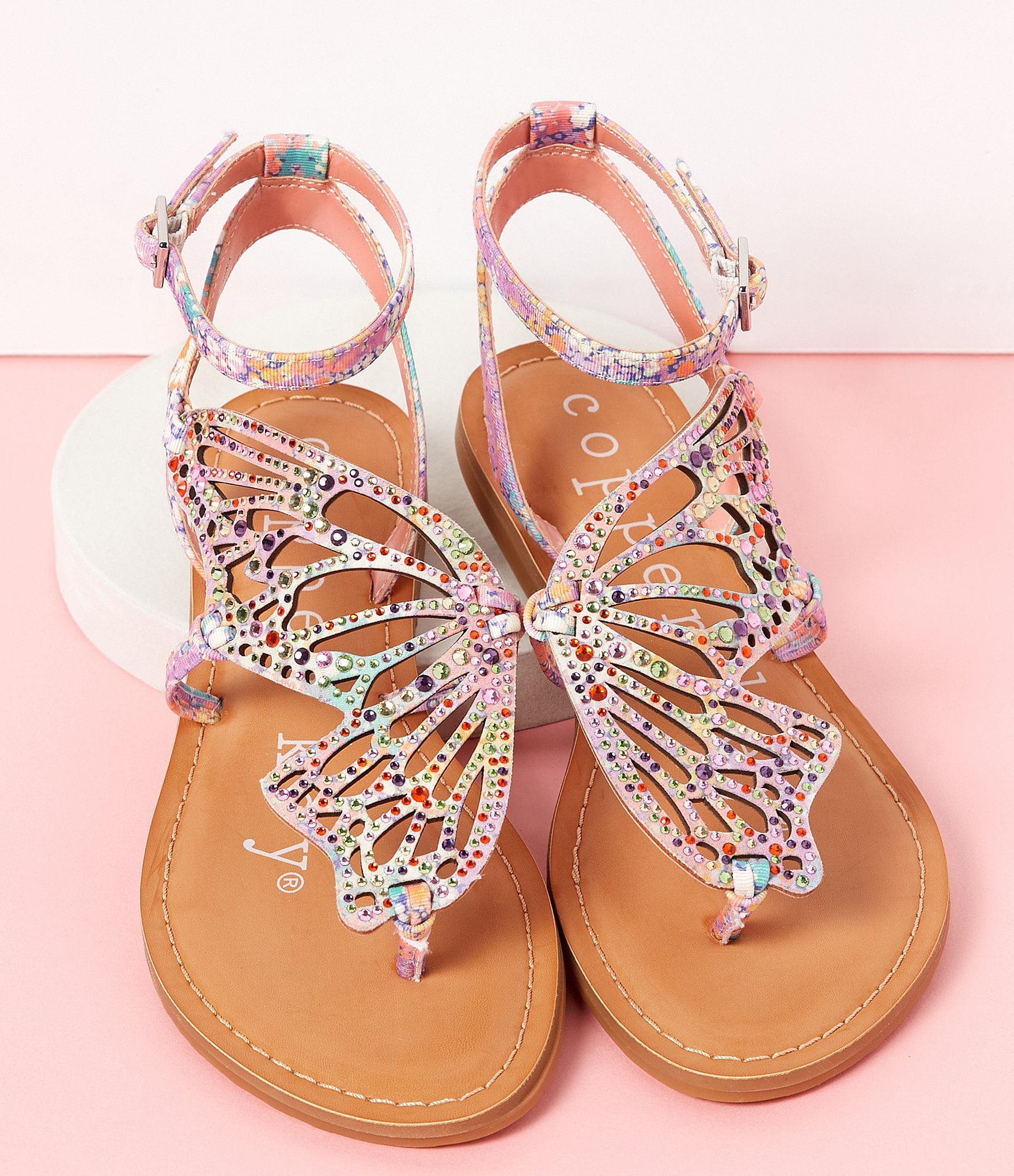 Copper Key Flutter Rainbow Rhinestone Embellished Butterfly Thong Sandals