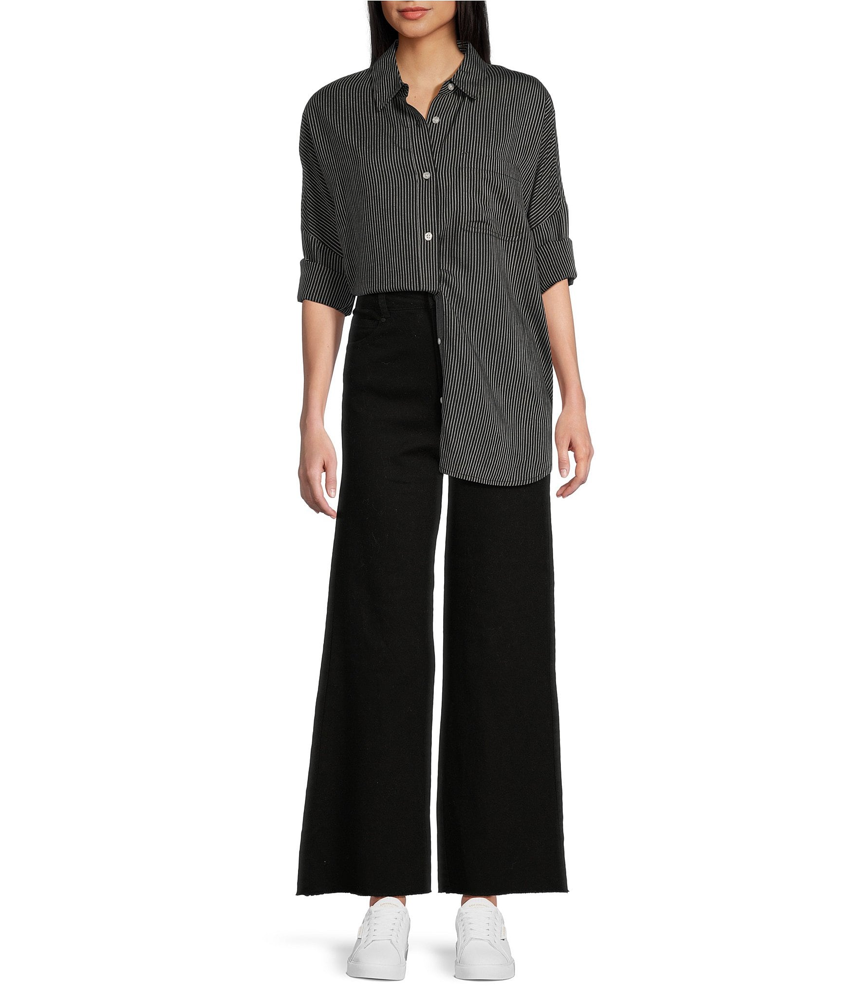 Copper Key Mini Stripe Print Oversized Fit Button-Front Woven Shirt