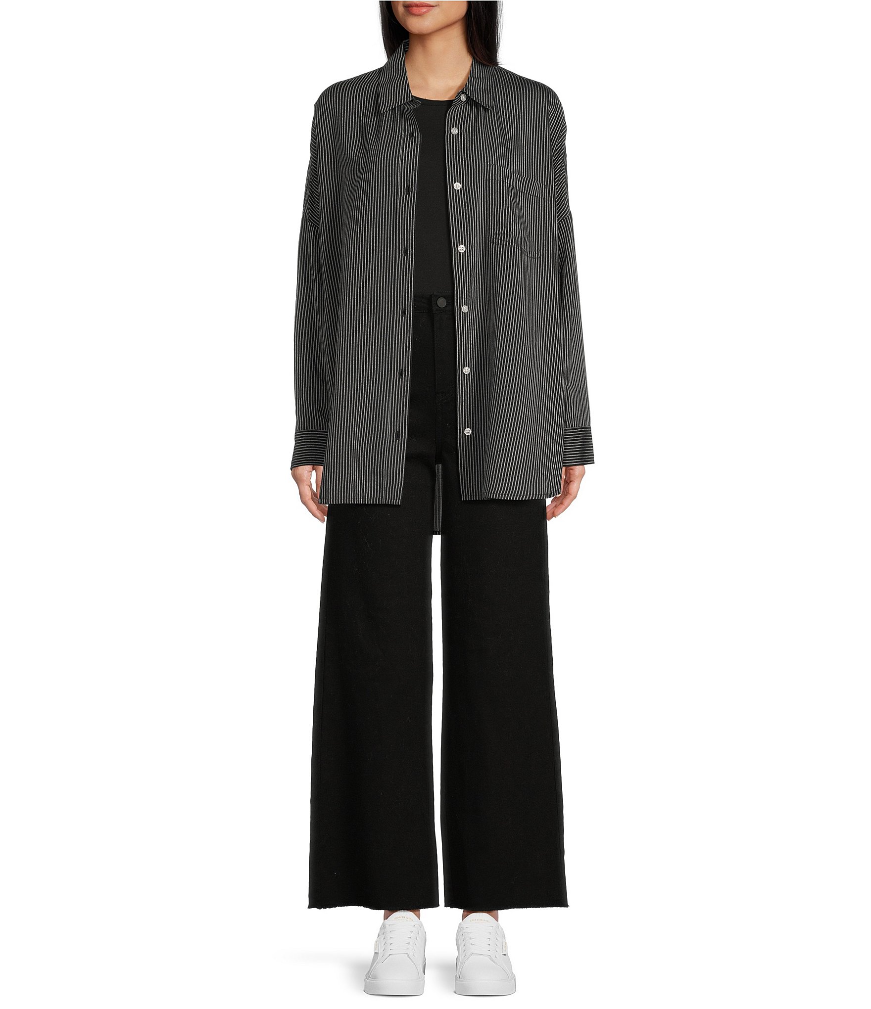 Copper Key Mini Stripe Print Oversized Fit Button-Front Woven Shirt