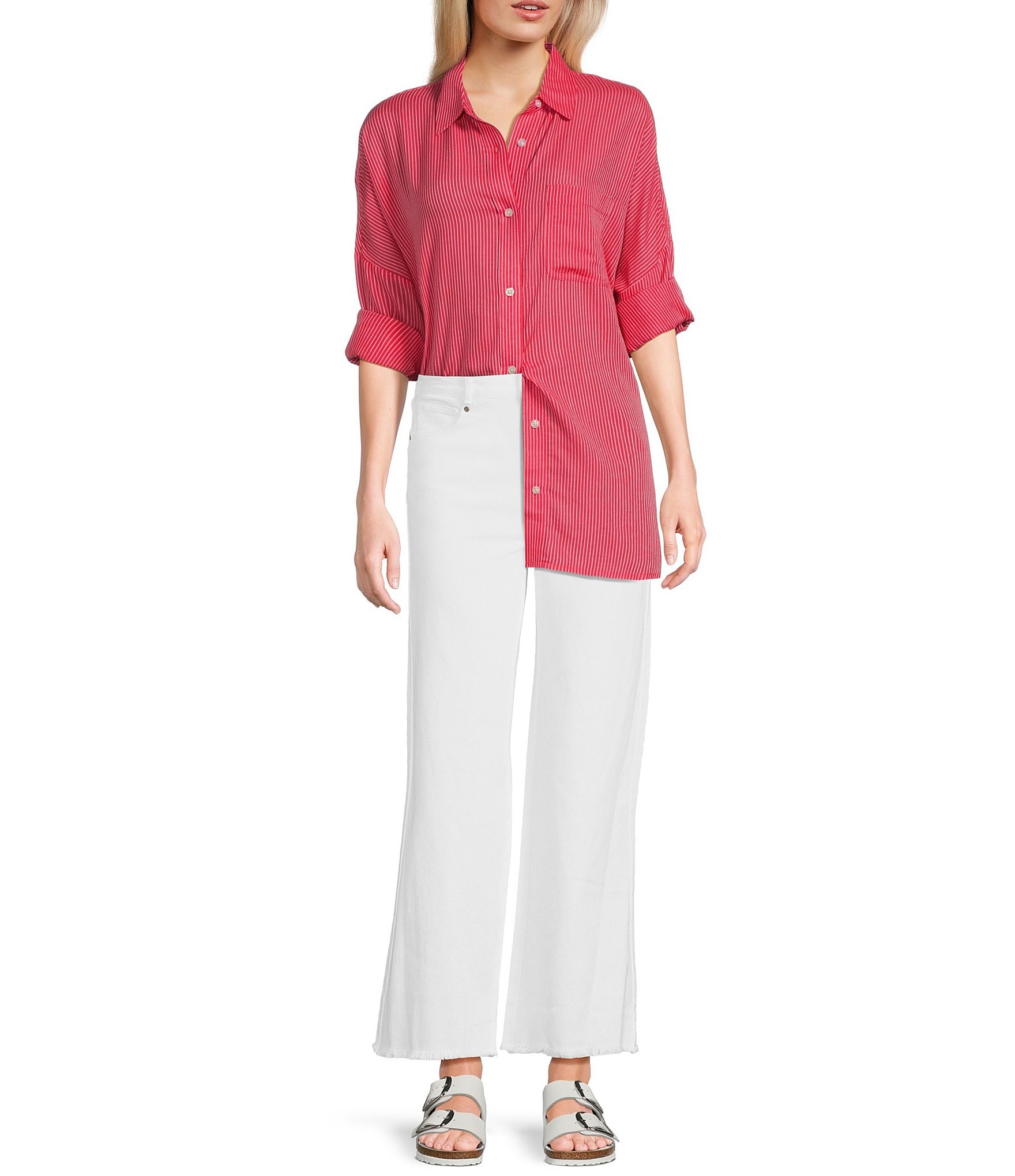 Copper Key Mini Stripe Print Oversized Fit Button-Front Woven Shirt