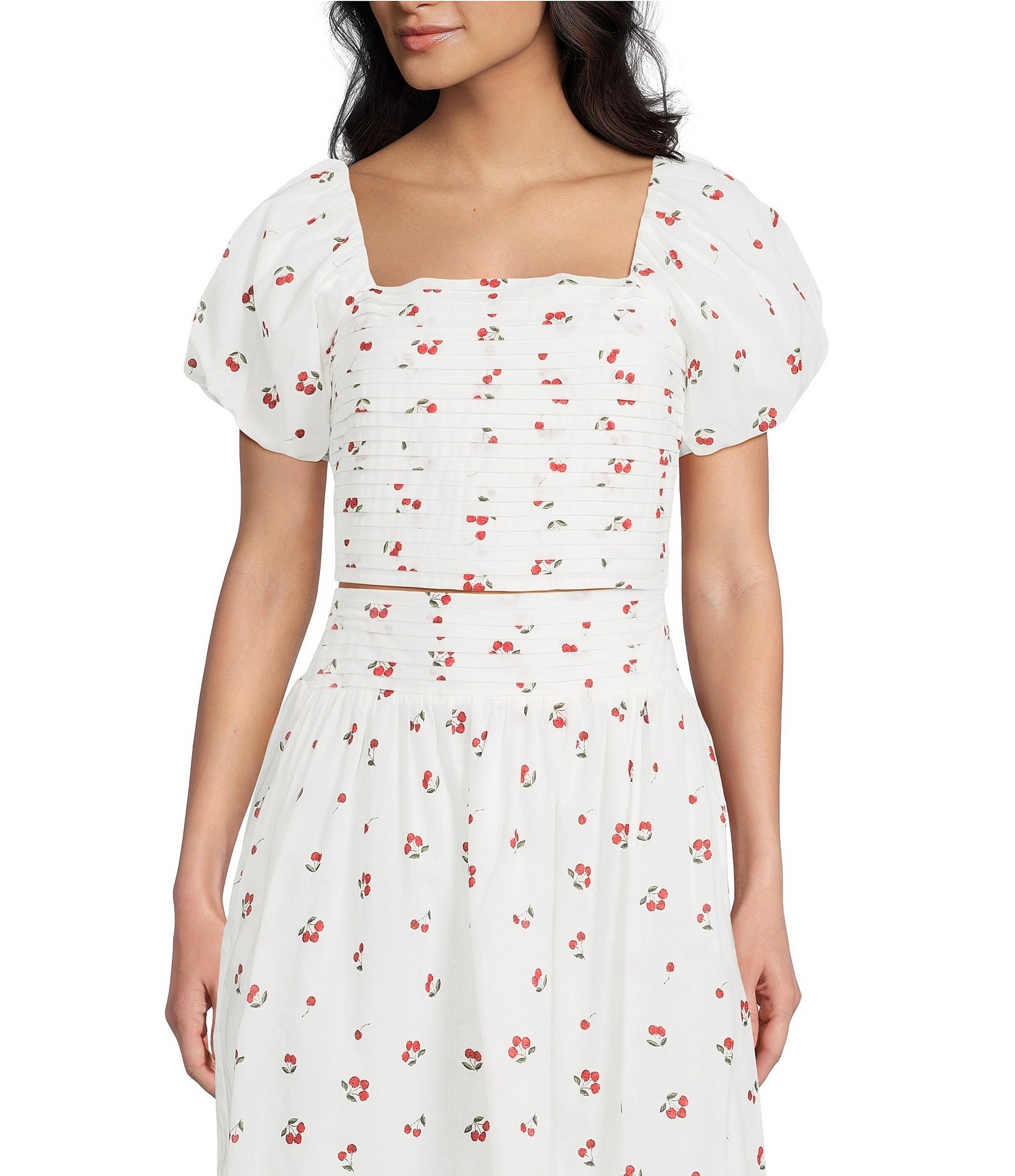 Copper Key Pleated Cherry Print Coordinating Blouse