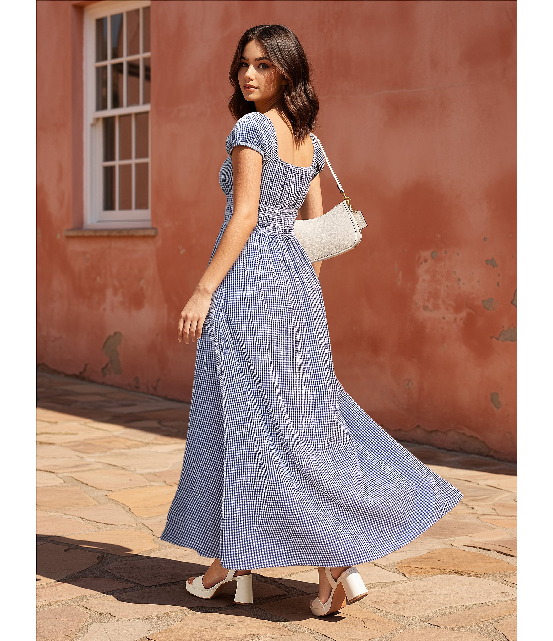 Copper Key Square Neck Gingham Maxi Dress