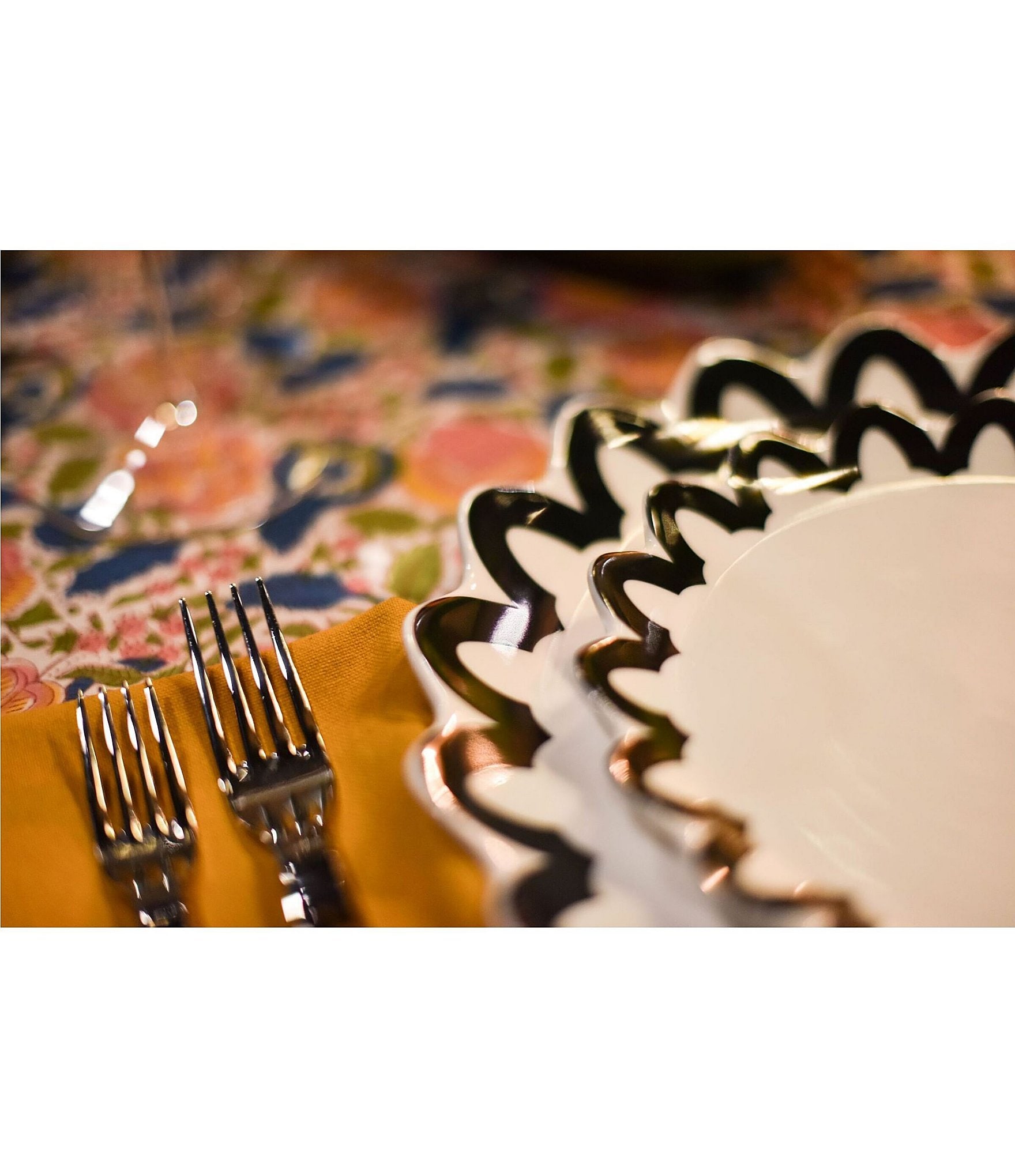 Coton Colors Black Arabesque Trim Scallop Edge Platters, Set of 4
