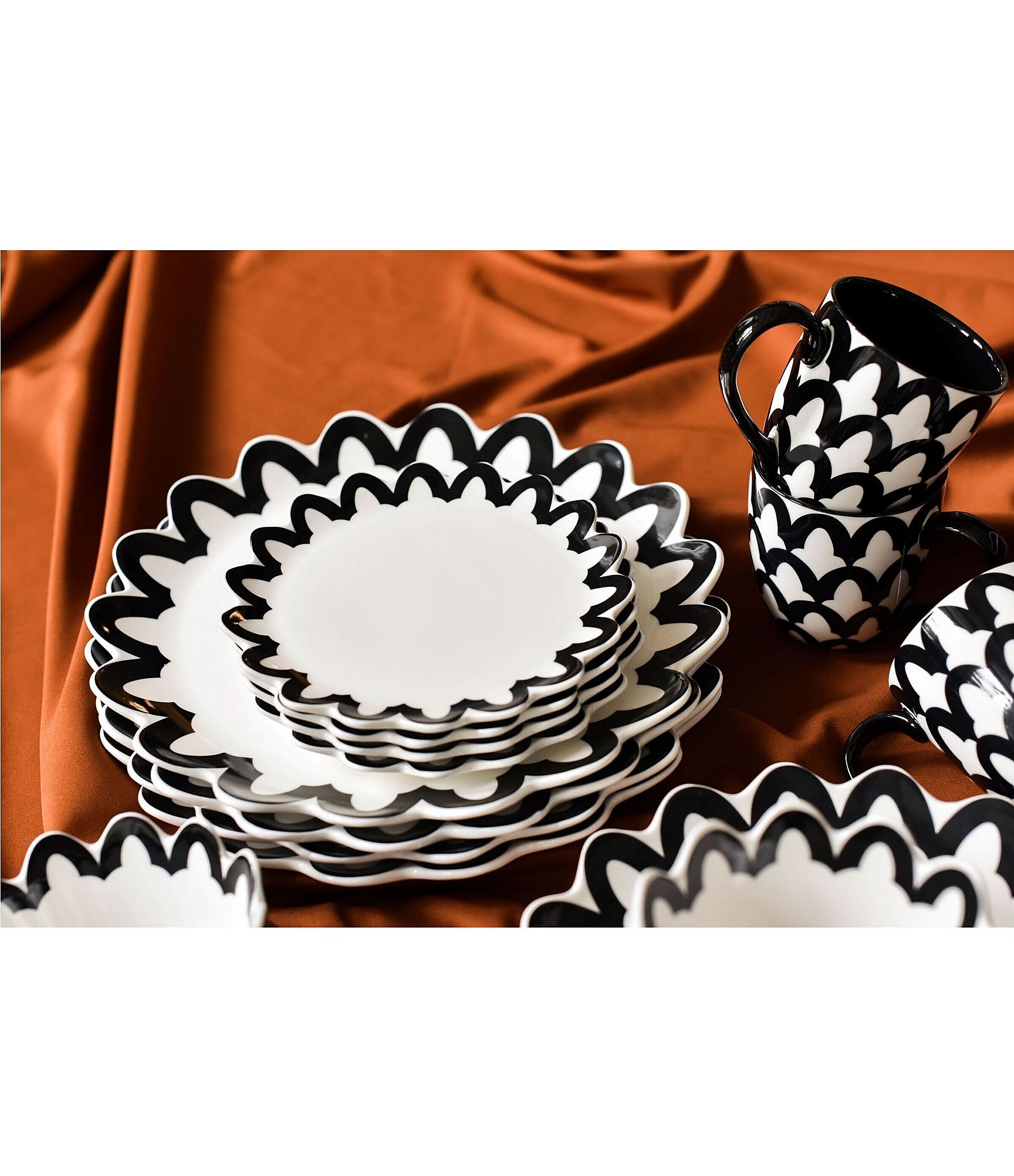 Coton Colors Black Arabesque Trim Scallop Salad Plates, Set of 4
