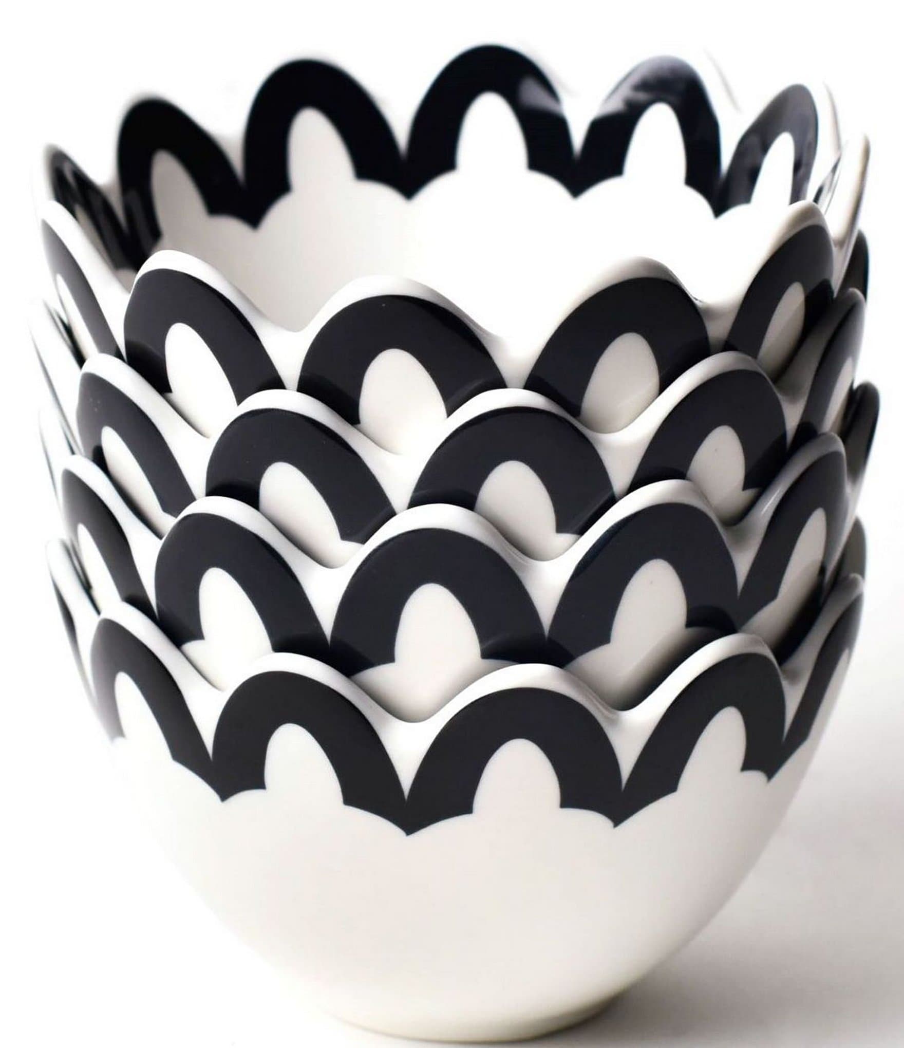 Coton Colors Black Arabesque Trim Scallop Small Bowls, Set of 4