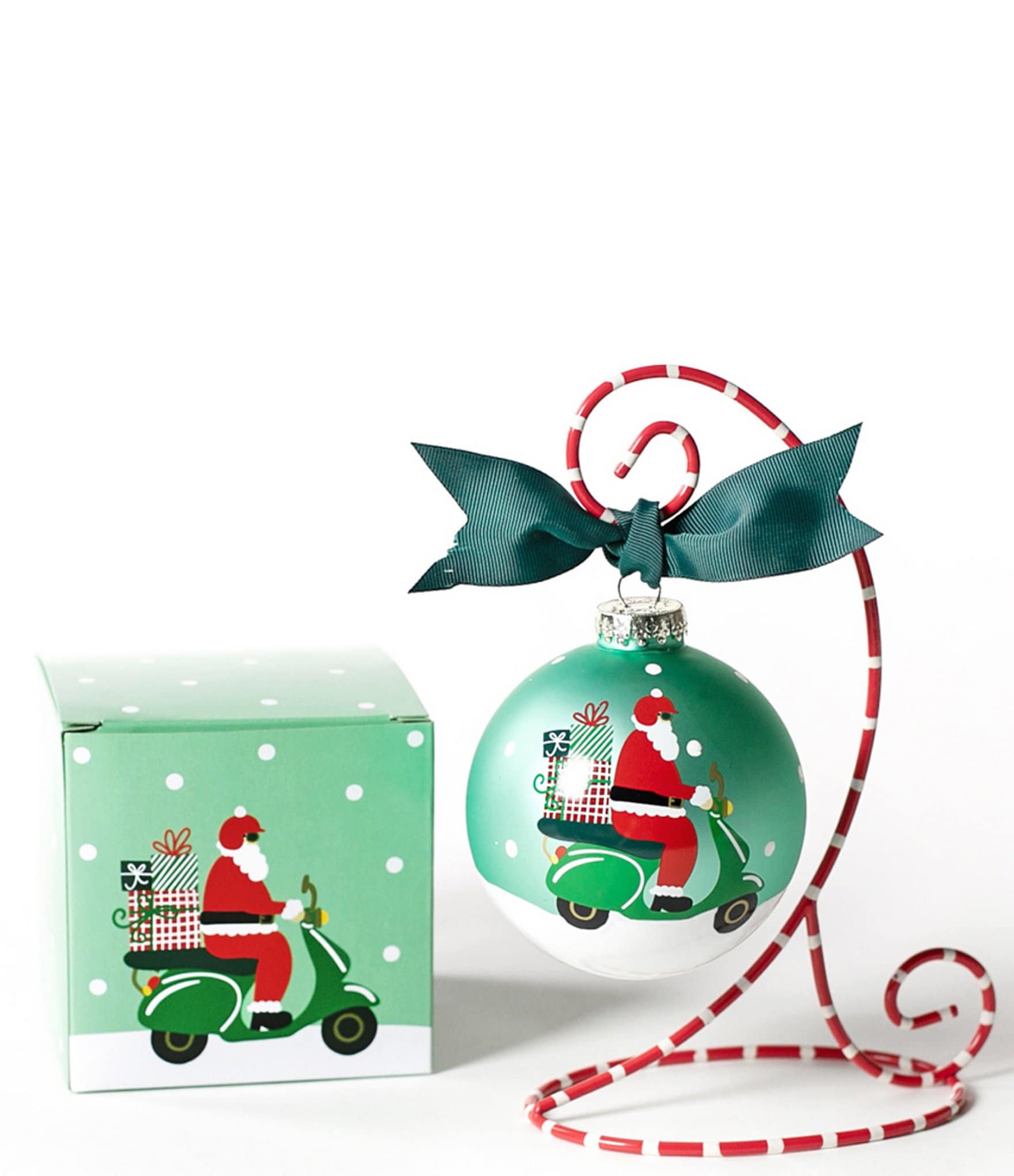 Coton Colors Here Comes Santa Claus Scooter Glass Ornament with Red and White Swirl Stand Set