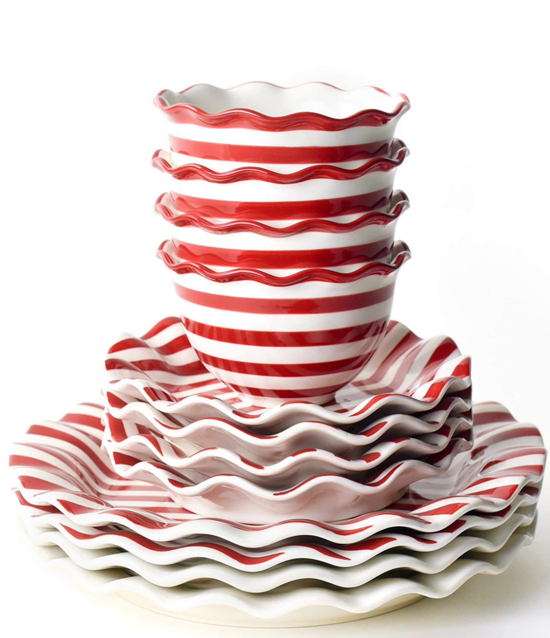 Coton Colors Holiday Red Stripe Ruffle Collection 12-Piece Dinnerware Set