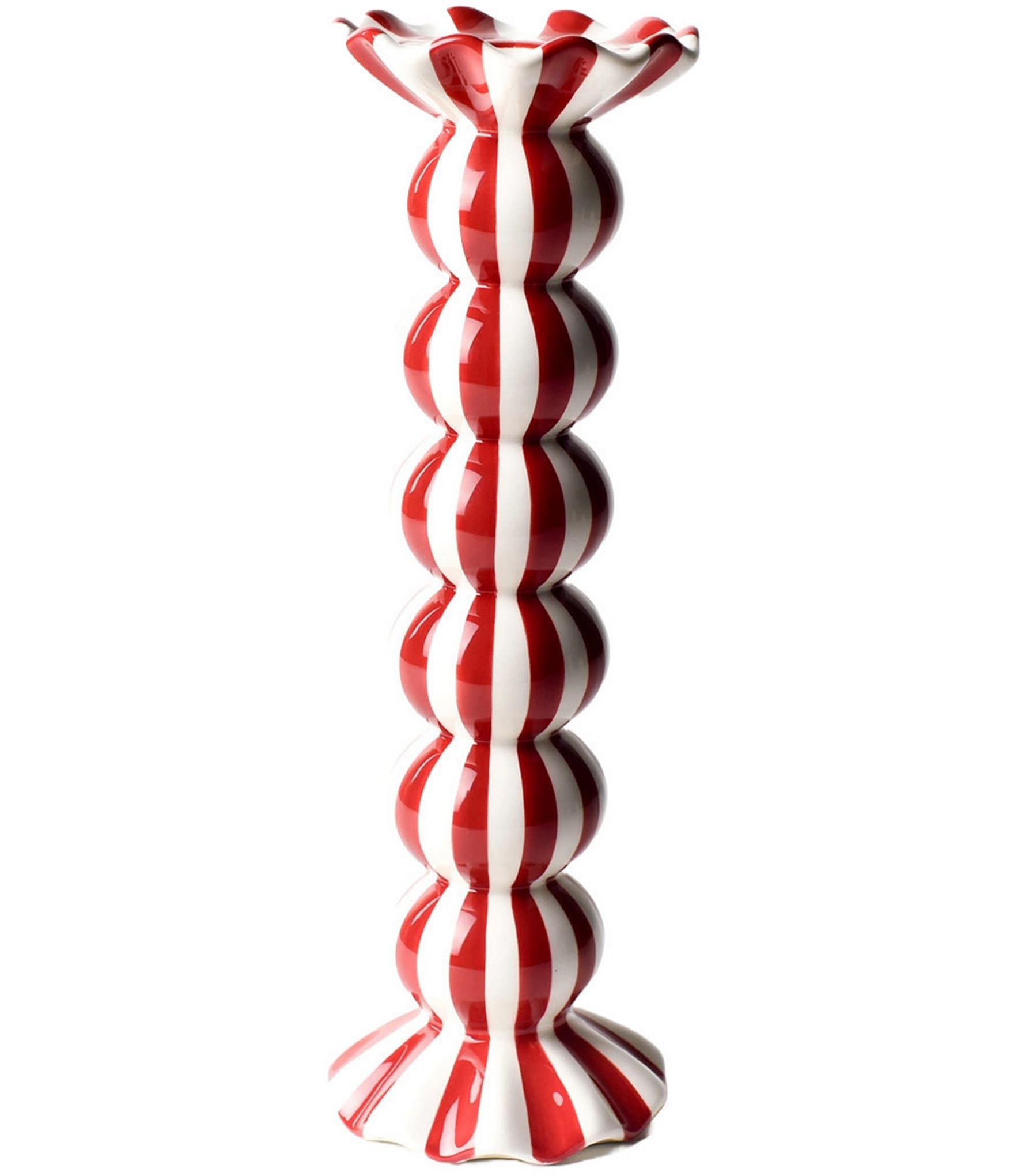 Coton Colors Holiday Red Stripe Ruffle Collection Large Knobbed Candle Holder, Set of 2