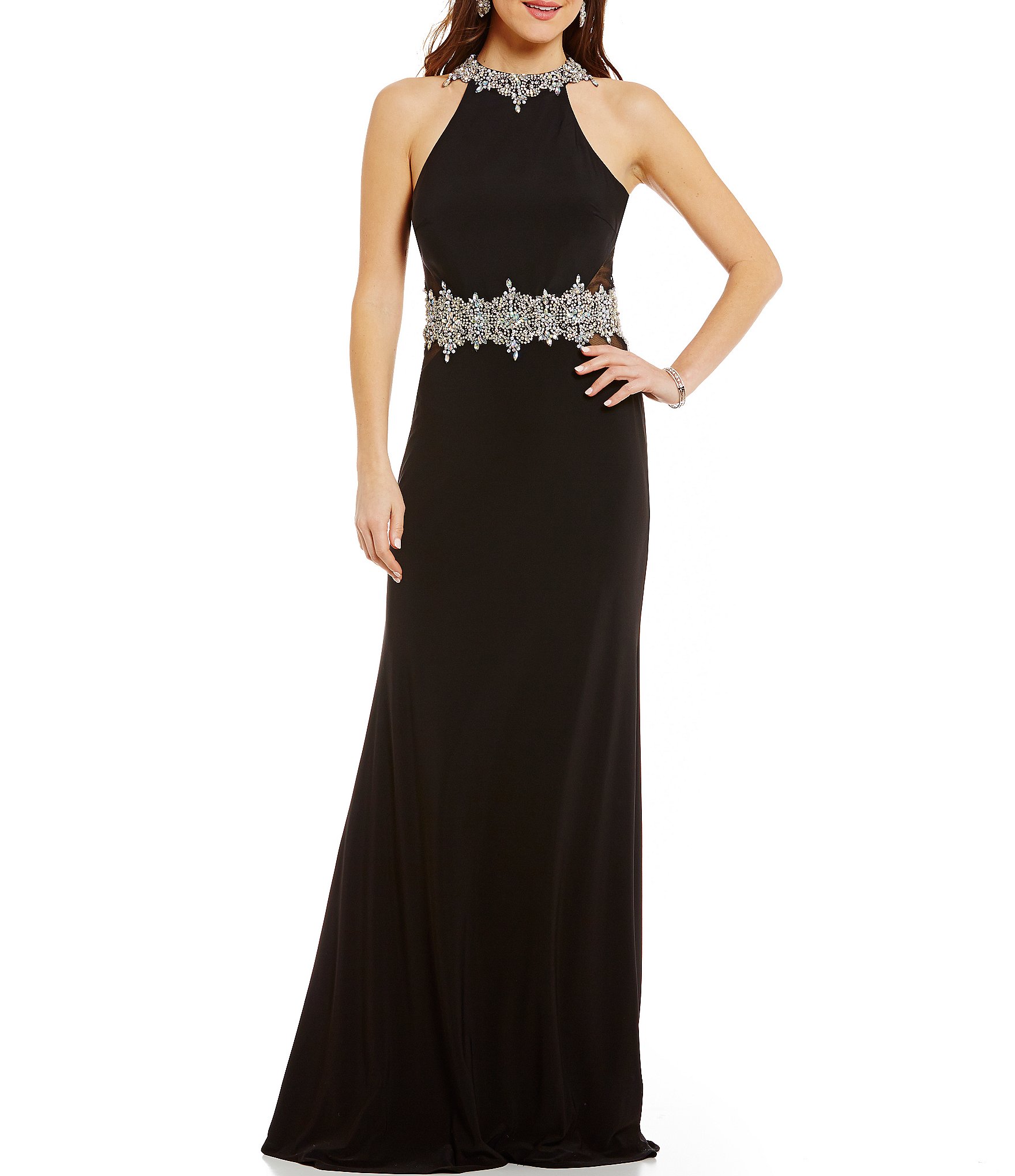 Coya Collection Beaded High Neckline Open Back Illusion-Inset Long ...