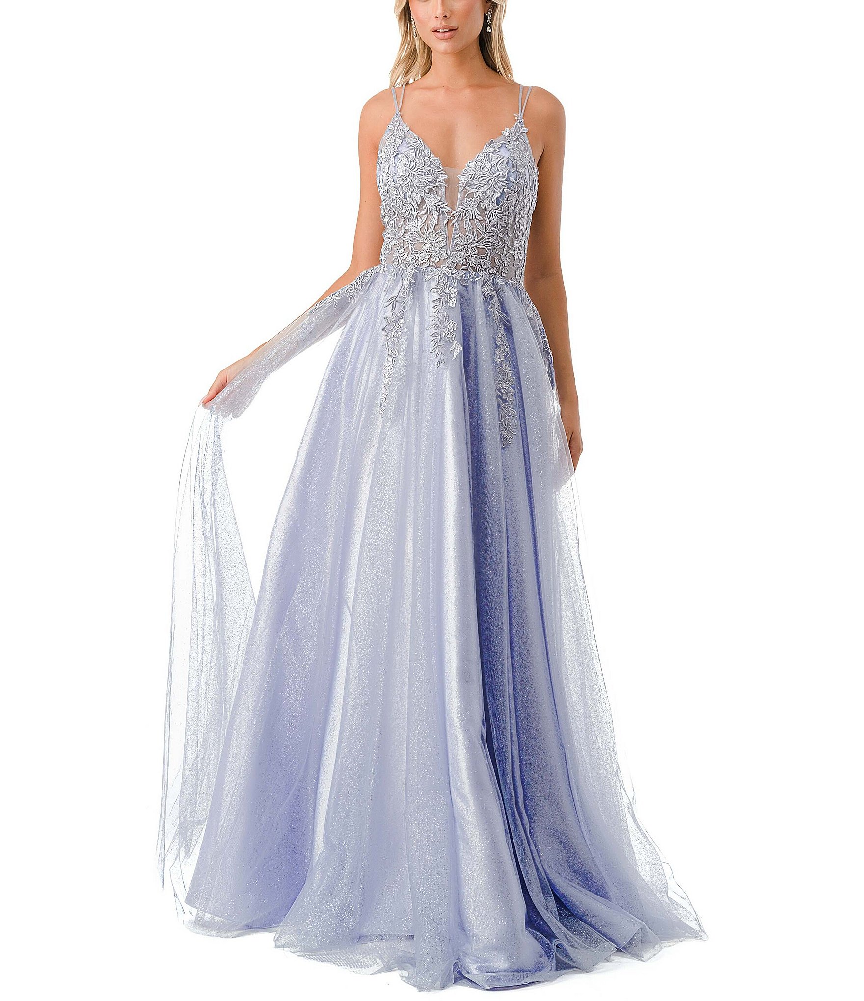 Coya Collection Embroidered Illusion Bodice V-Neck Ball Gown | Dillard's