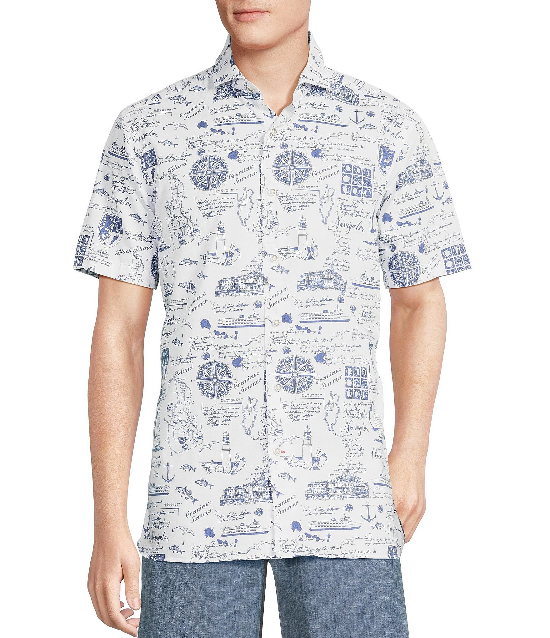 Cremieux Blue Label Block Island Collection Island Map Print Short Sleeve Woven Shirt