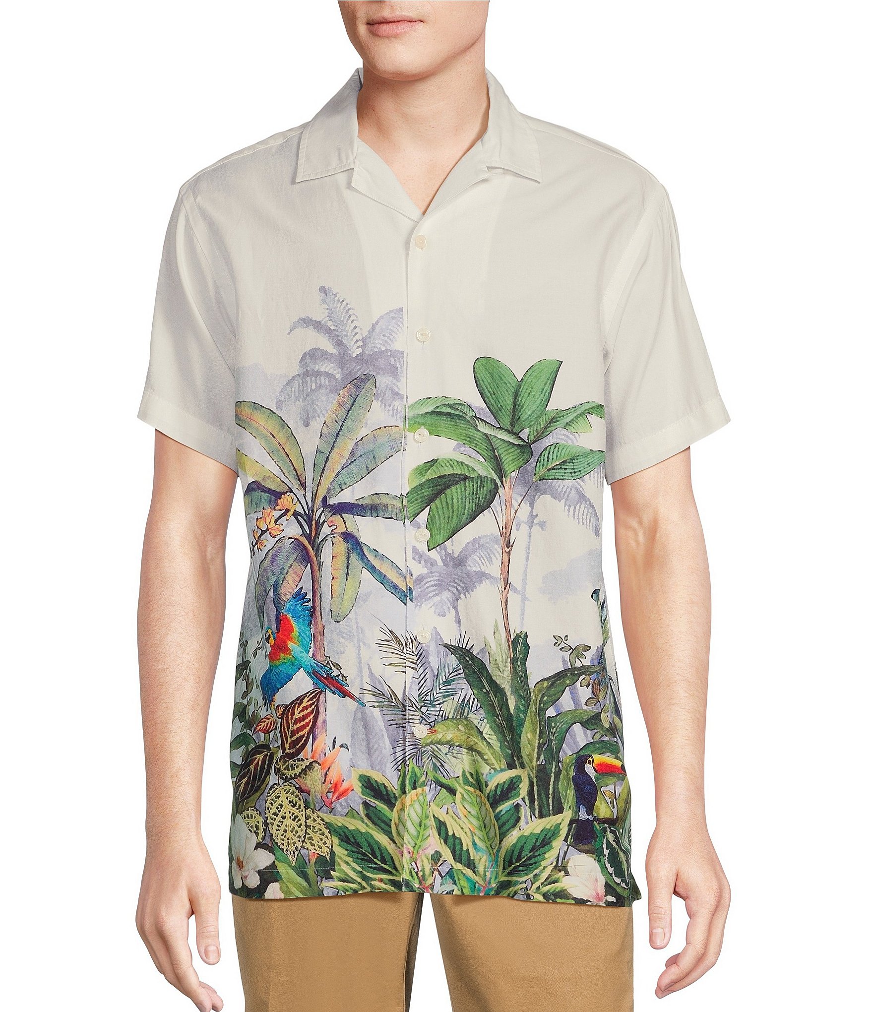 Cremieux Blue Label Cotton Twill Tropical Rainforest Print Short-Sleeve ...