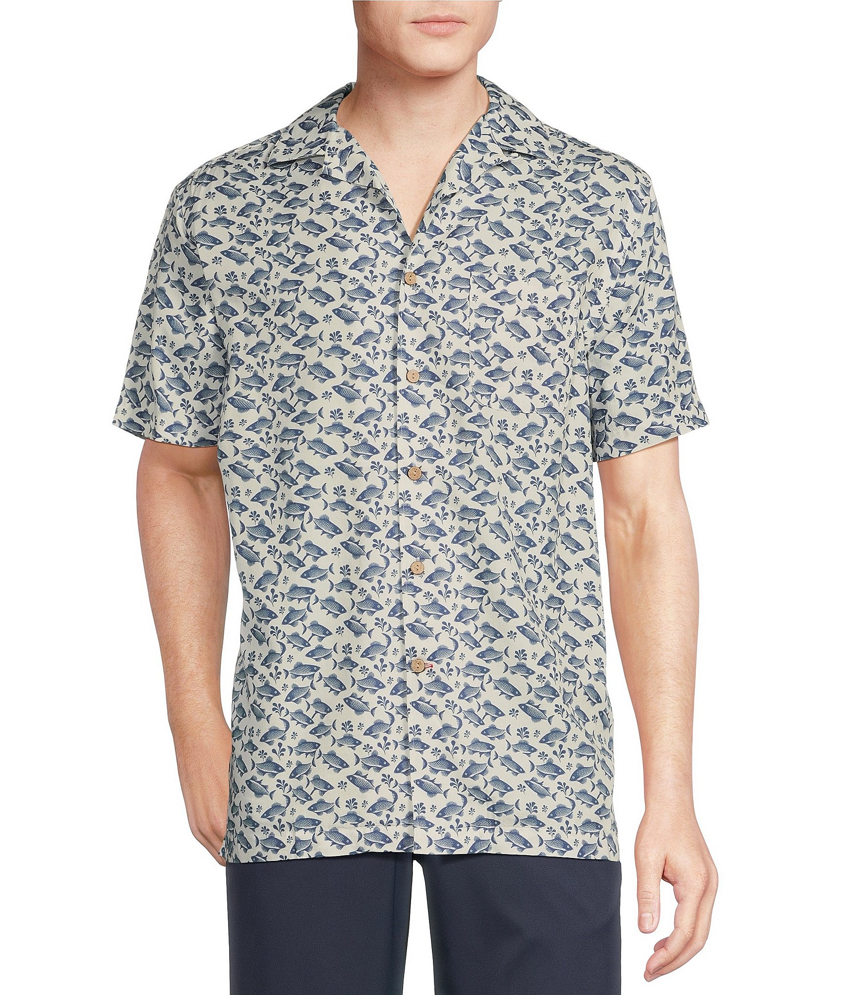 Cremieux Blue Label Fish Print Cotton Lyocell Twill Short Sleeve Woven Camp Shirt