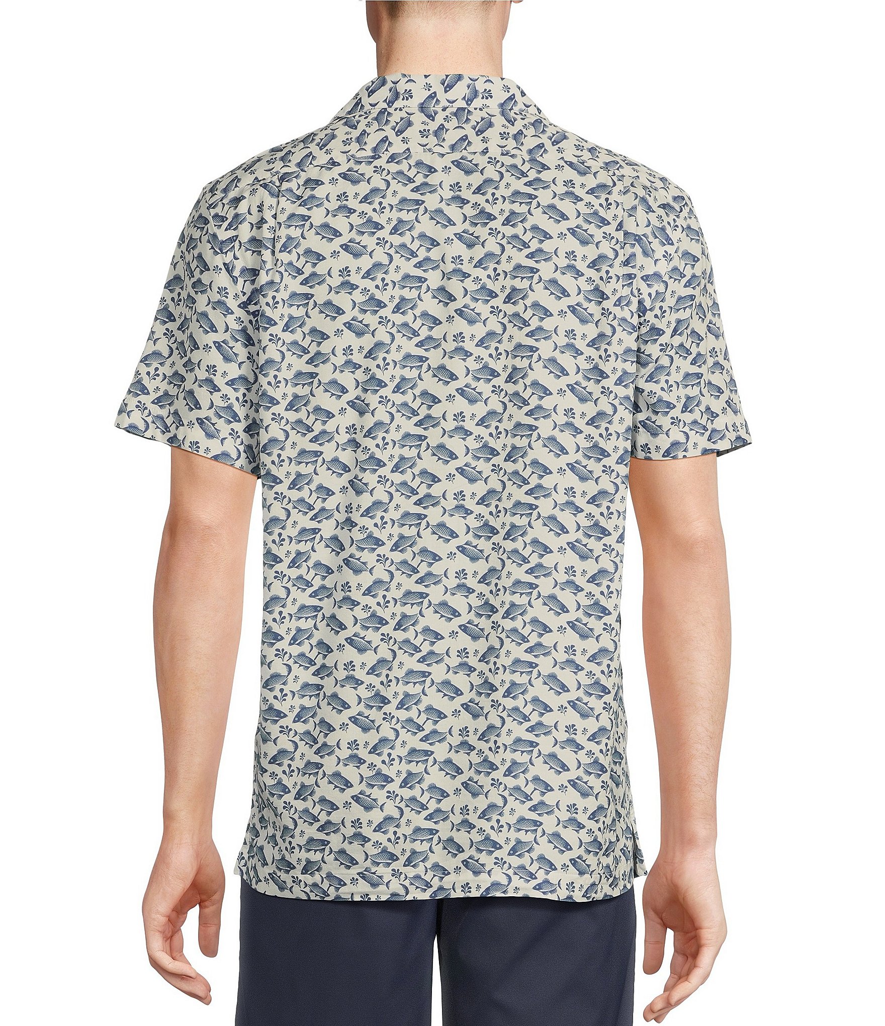 Cremieux Blue Label Fish Print Cotton Lyocell Twill Short Sleeve Woven Camp Shirt