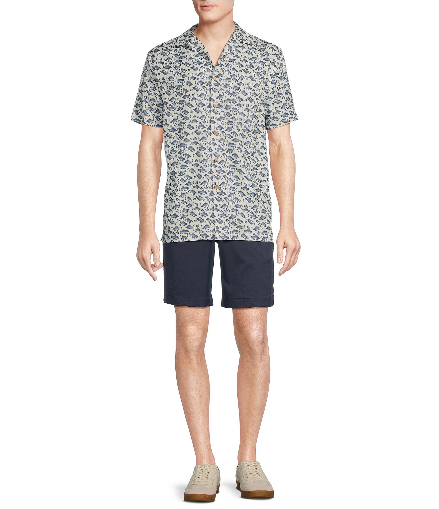 Cremieux Blue Label Fish Print Cotton Lyocell Twill Short Sleeve Woven Camp Shirt