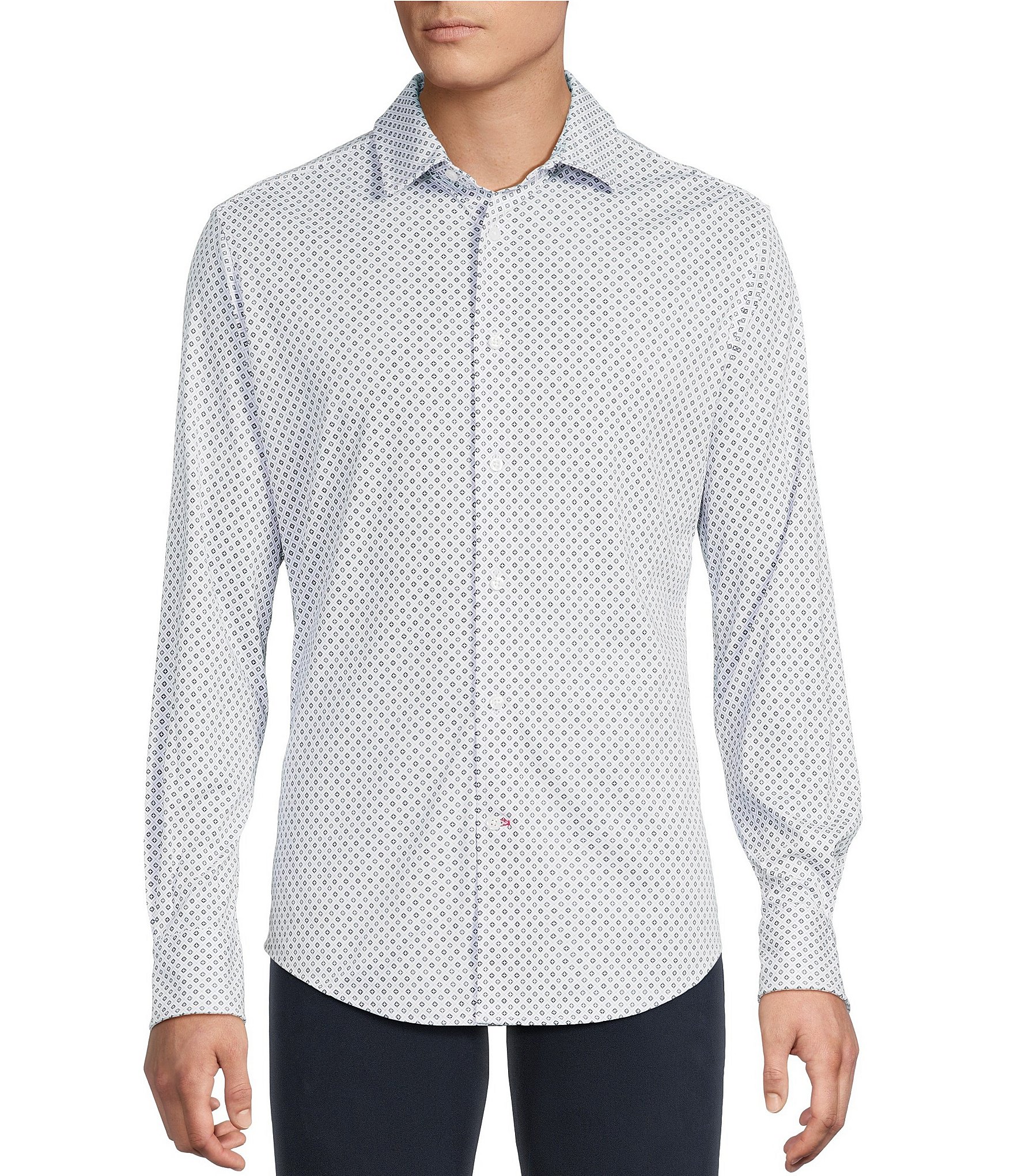Cremieux Blue Label Interlock Coat Front Long Sleeve Geometric Print Knit Shirt