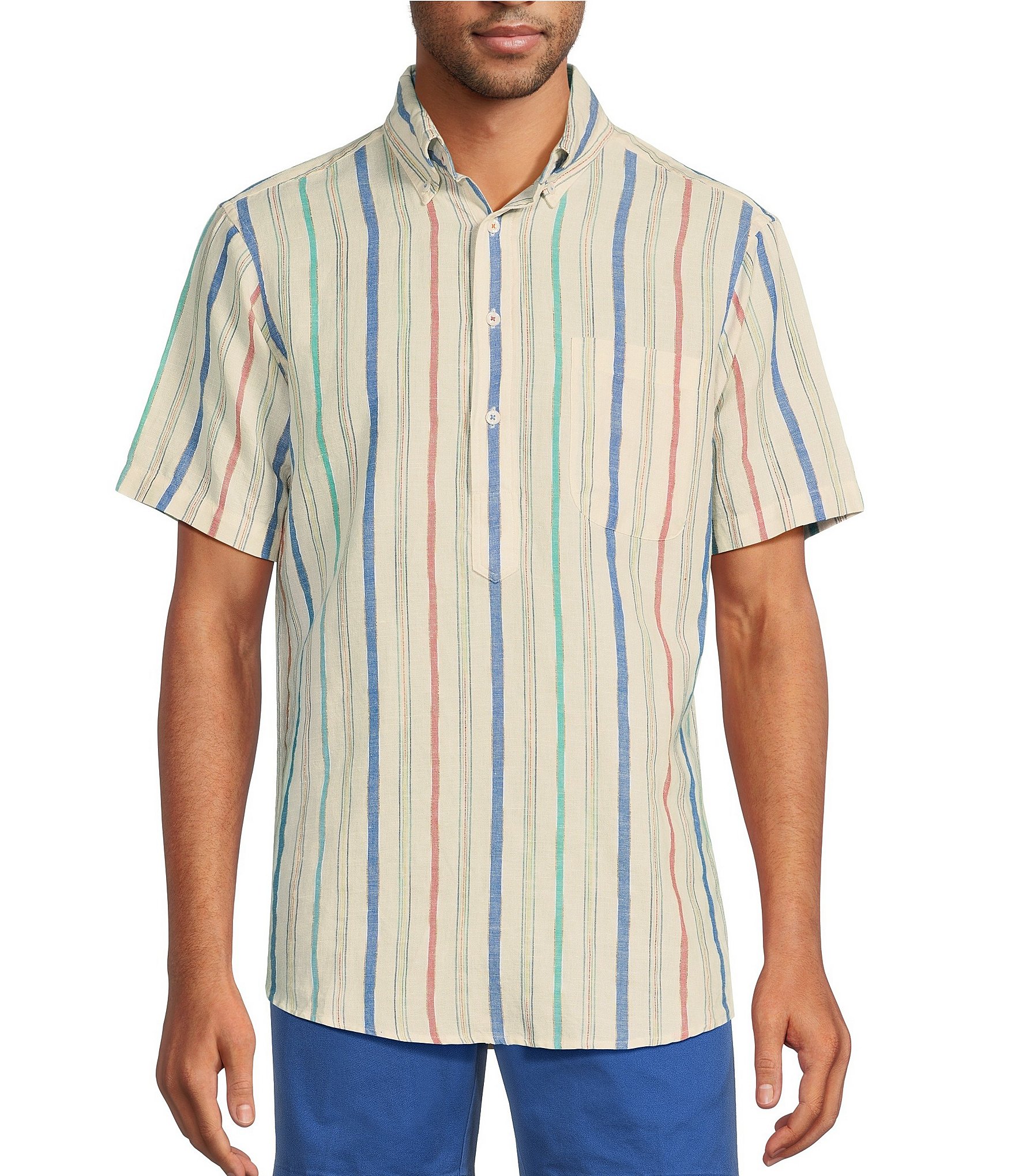 Cremieux Blue Label Martinque Collection Linen Cotton Short Sleeve Striped  Shirt