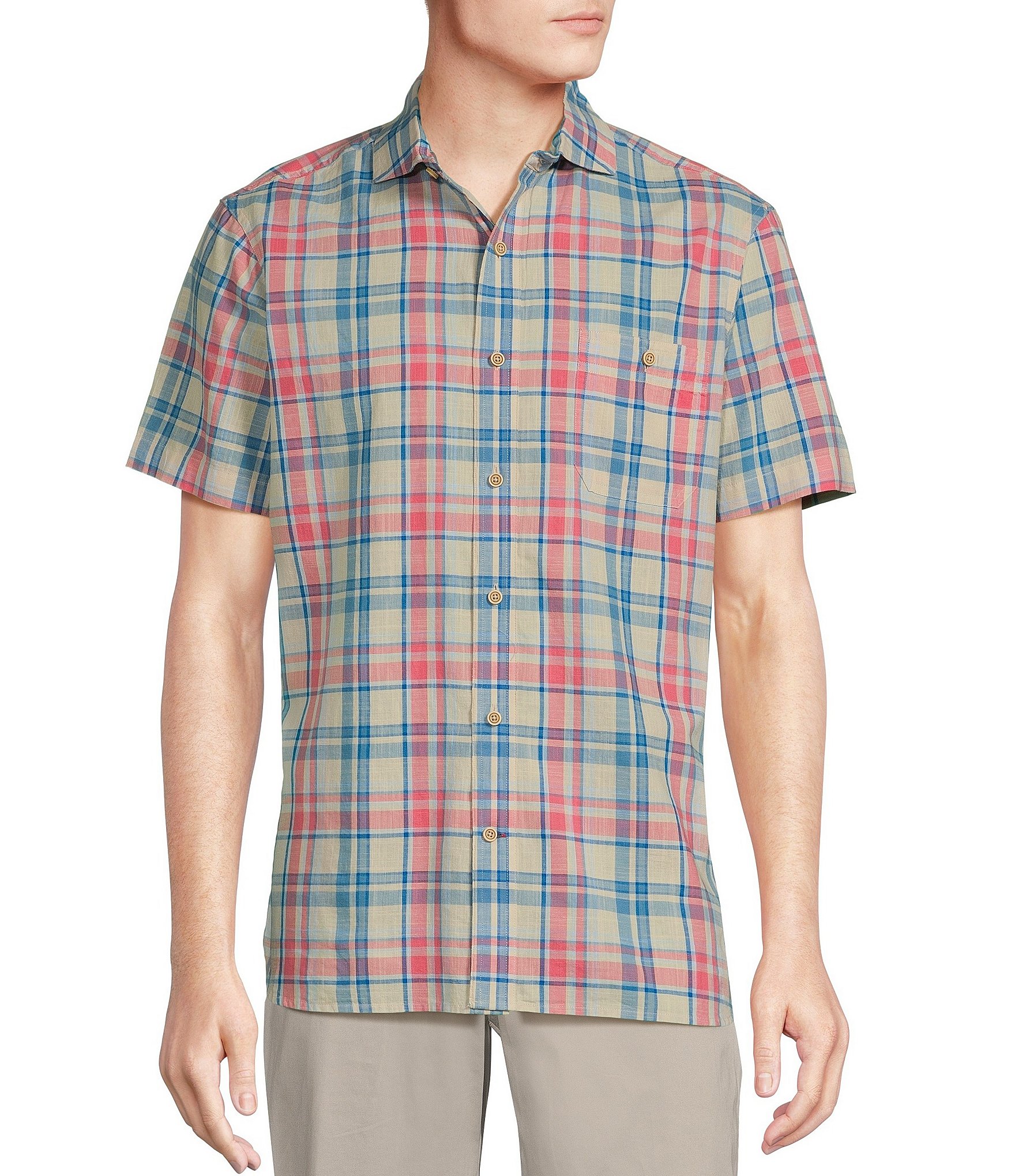 Cremieux Blue Label Plaid Chambray Cotton Short Sleeve Woven Shirt