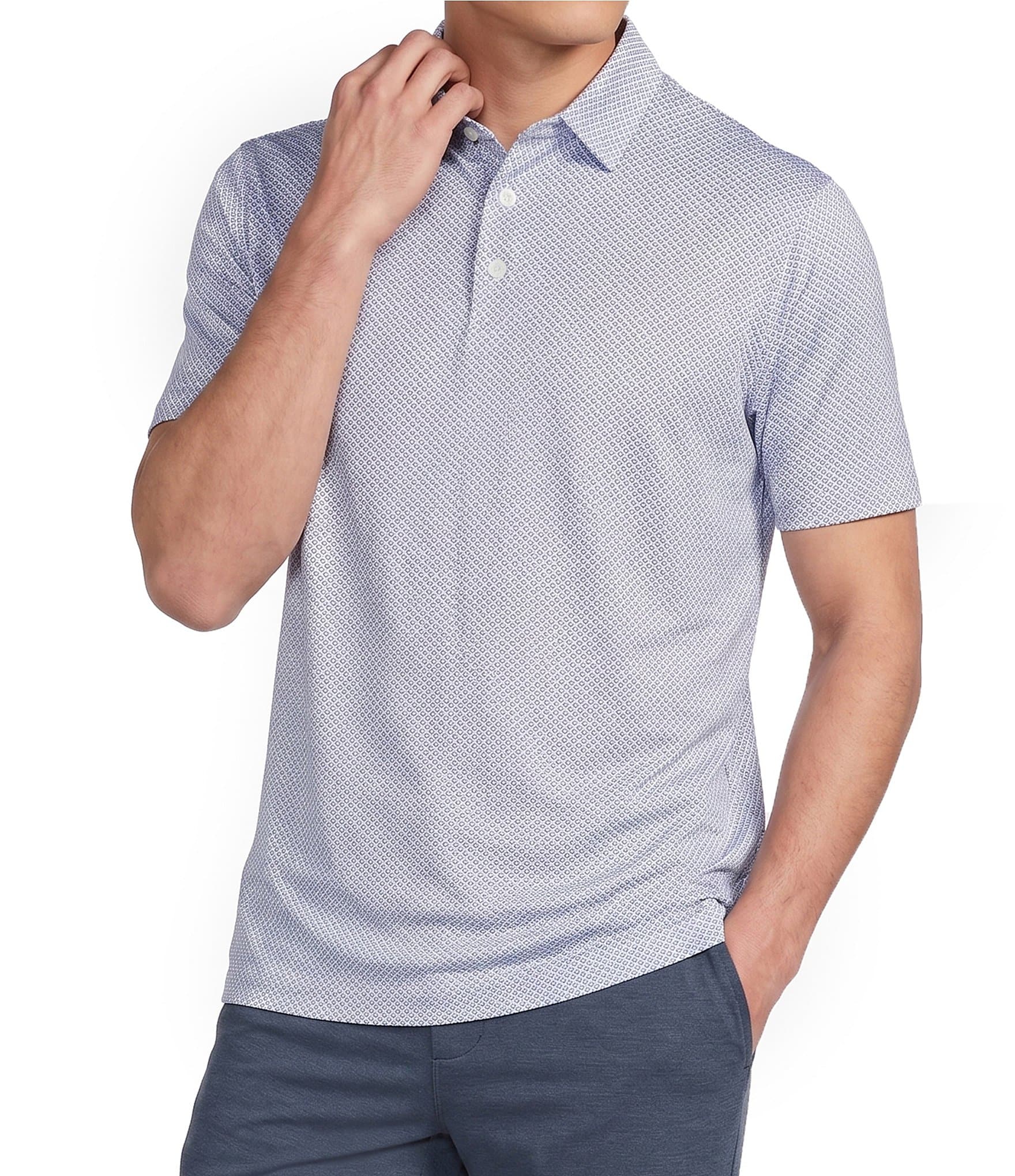 Cremieux Blue Label Performance Short Sleeve Hidden Button Down Interlaying Diamond Geometric Knit Shirt