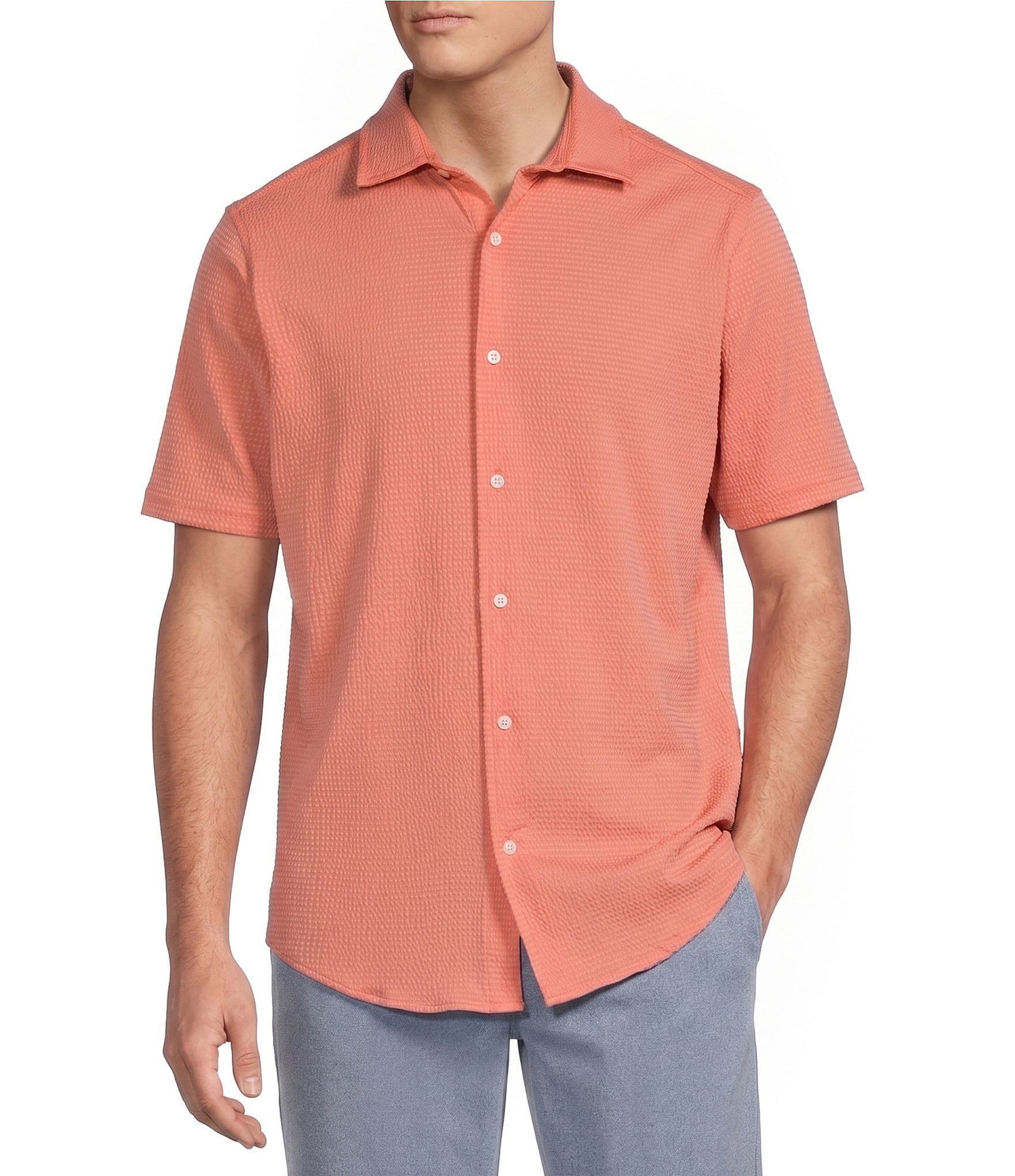 Cremieux Blue Label Performance Solid Seersucker Short Sleeve Coat Front Shirt