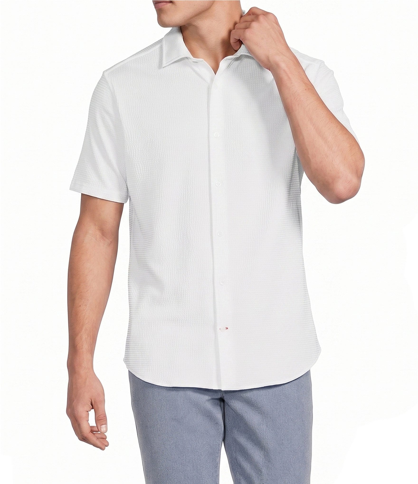 Cremieux Blue Label Performance Solid Seersucker Short Sleeve Coat Front Shirt