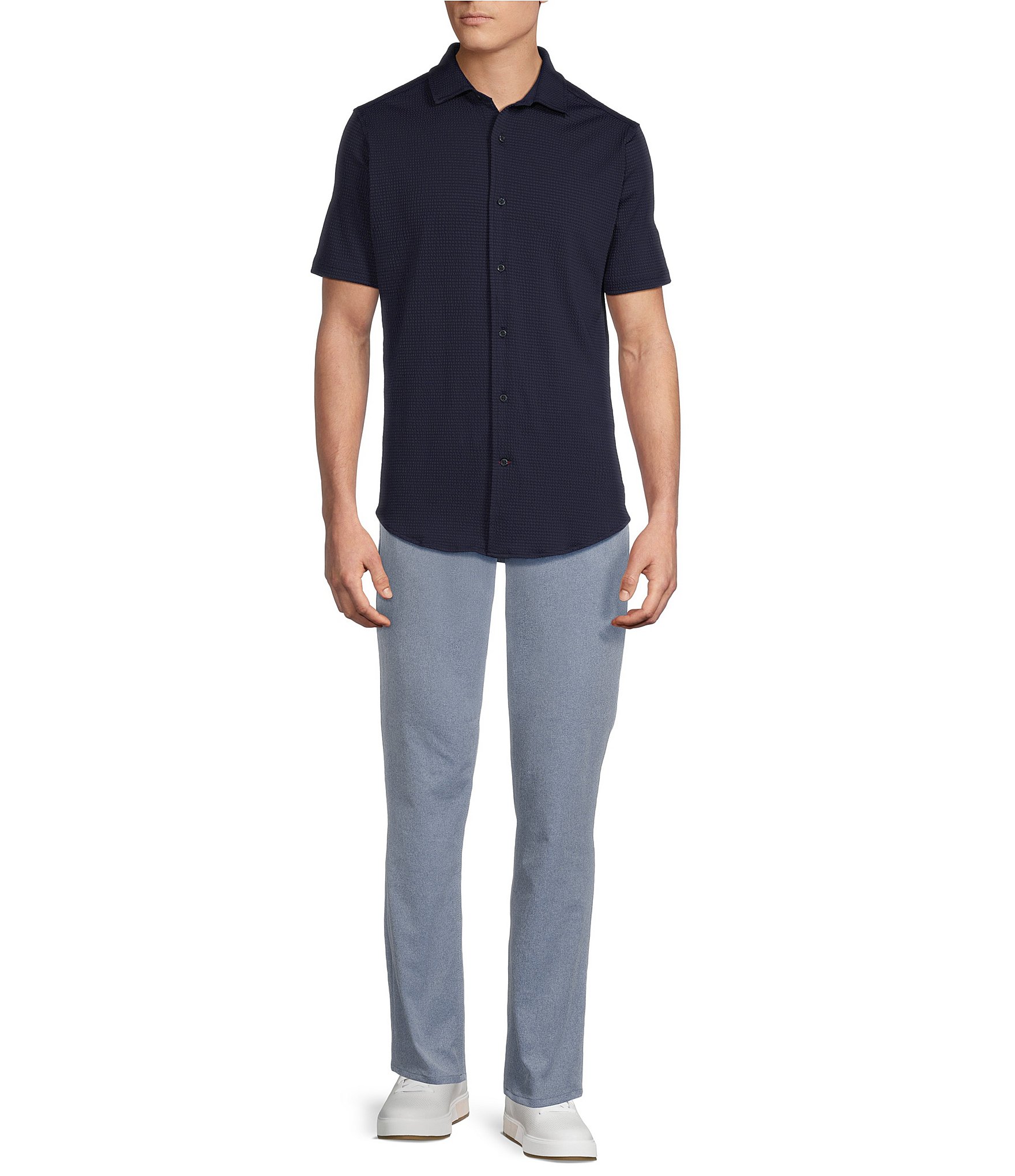 Cremieux Blue Label Performance Solid Seersucker Short Sleeve Coat Front Shirt