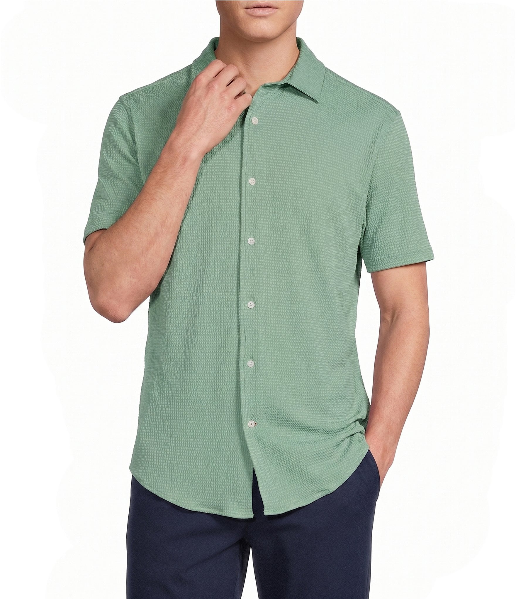 Cremieux Blue Label Performance Solid Seersucker Short Sleeve Coat Front Shirt