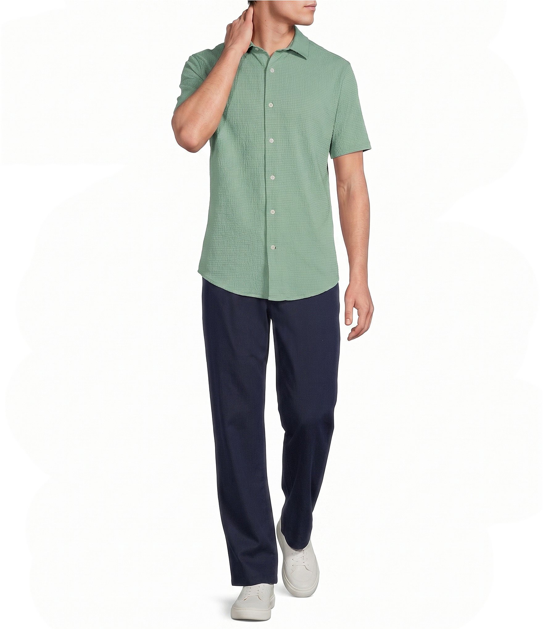 Cremieux Blue Label Performance Solid Seersucker Short Sleeve Coat Front Shirt