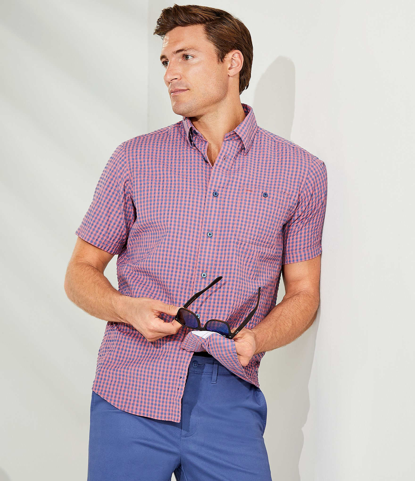 Cremieux Blue Label Performance Stretch Check Seersucker Short Sleeve Woven Shirt