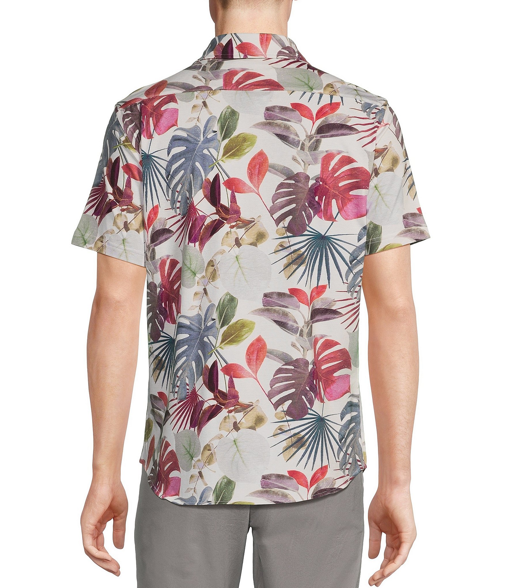 Cremieux Blue Label Stretch Jersey Tropical Palm Print Short Sleeve Coatfront Shirt