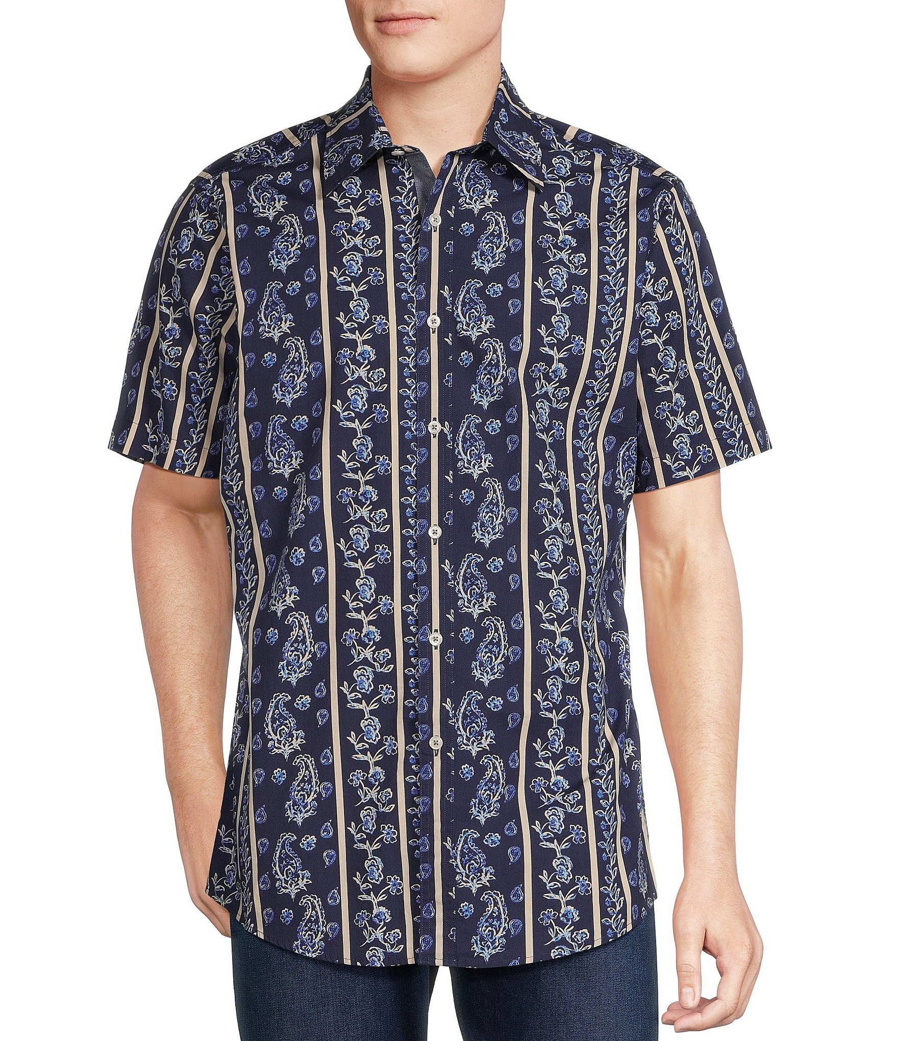 Cremieux Floral Stripe Panel Printed Short Sleeve Stretch Shirt