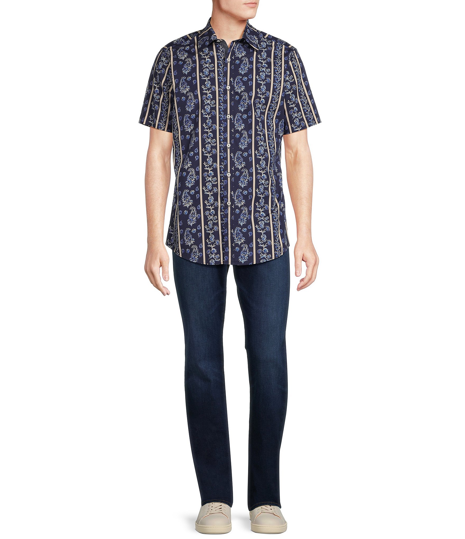 Cremieux Floral Stripe Panel Printed Short Sleeve Stretch Shirt