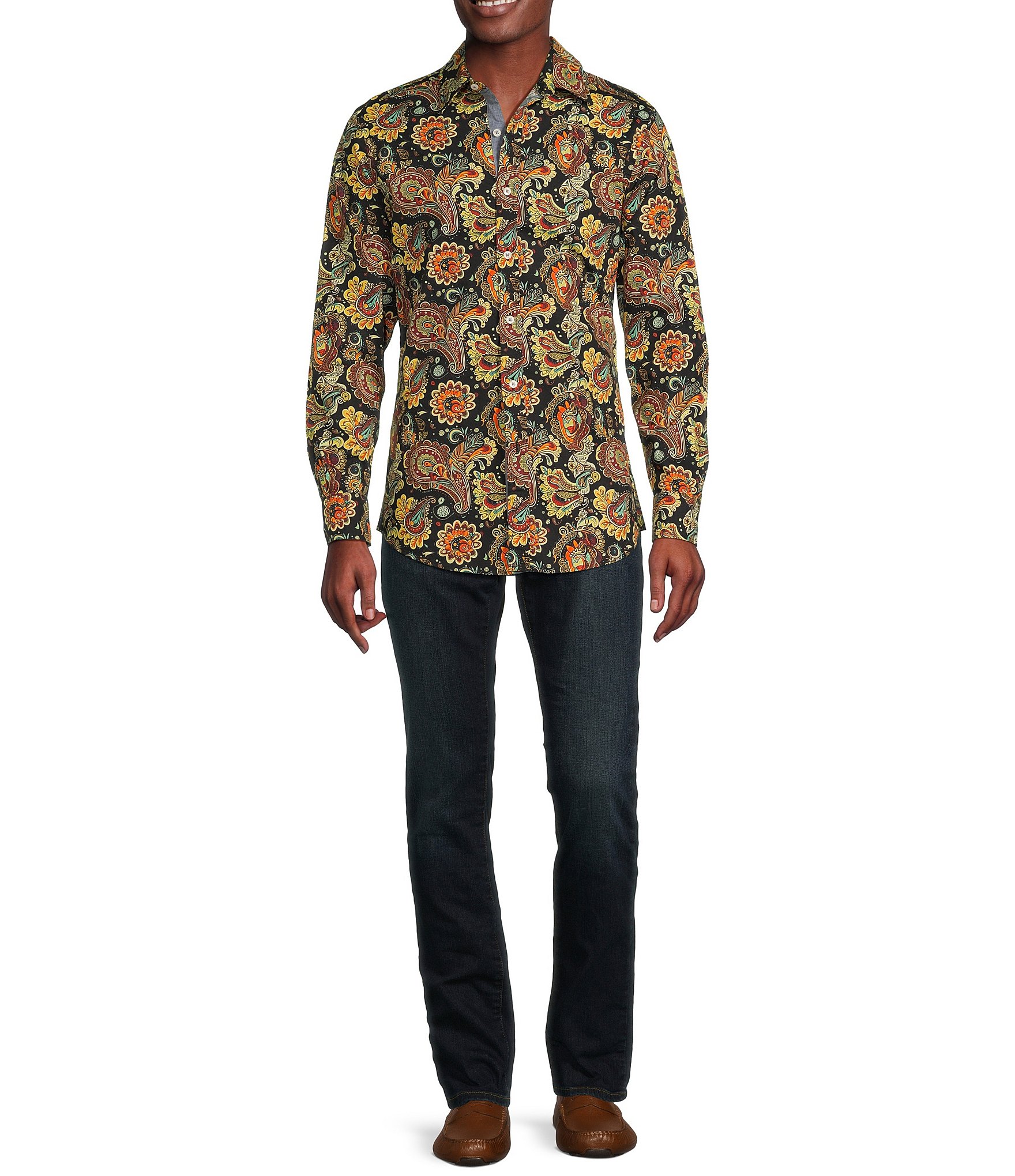 Cremieux Premium Denim Dark Paisley Stretch Long Sleeve Woven Shirt