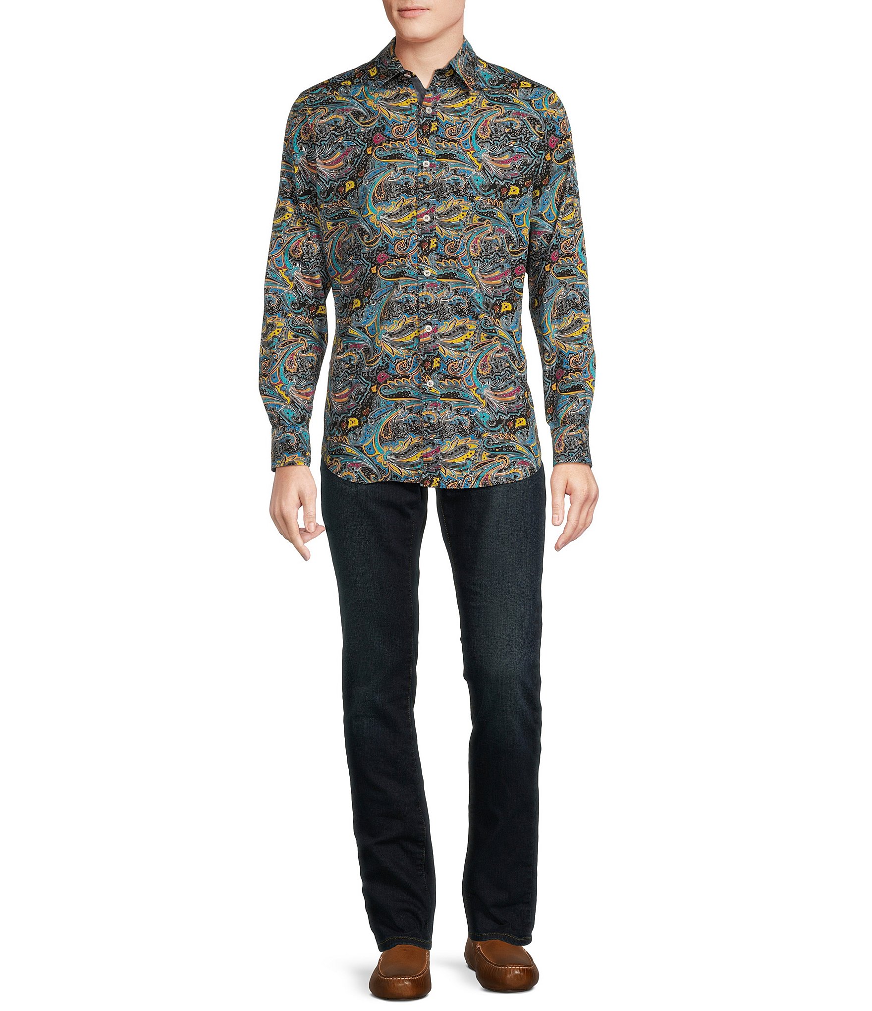 Cremieux Premium Denim Stretch Paisley Print Long Sleeve Woven Shirt