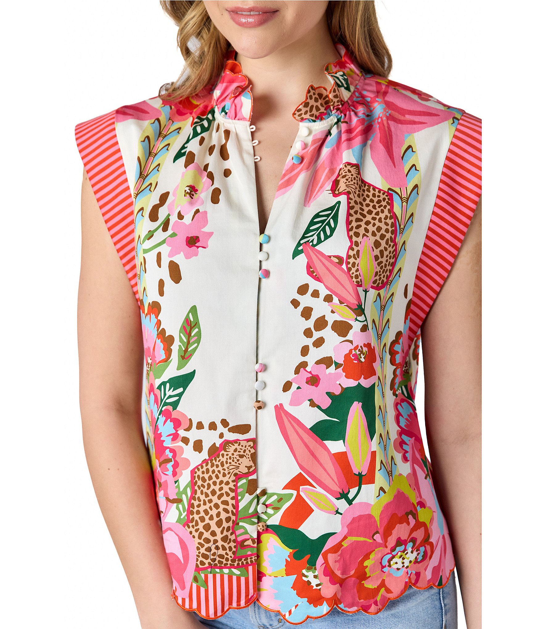 CROSBY by Mollie Burch Fritzy Tropical Button Front Ruffle Collar Top