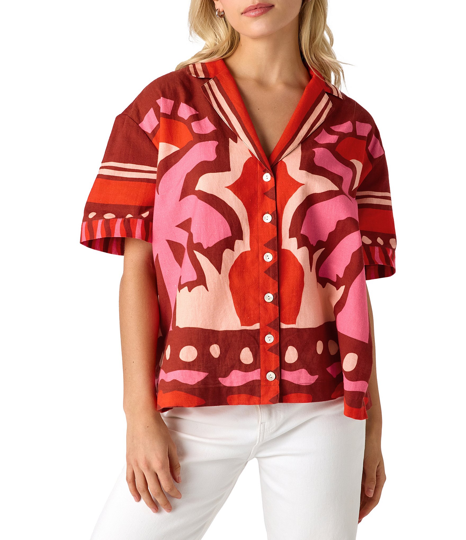 CROSBY by Mollie Burch Iker Coordinating Cotton Linen Blend Short Sleeve Button Front Box Top