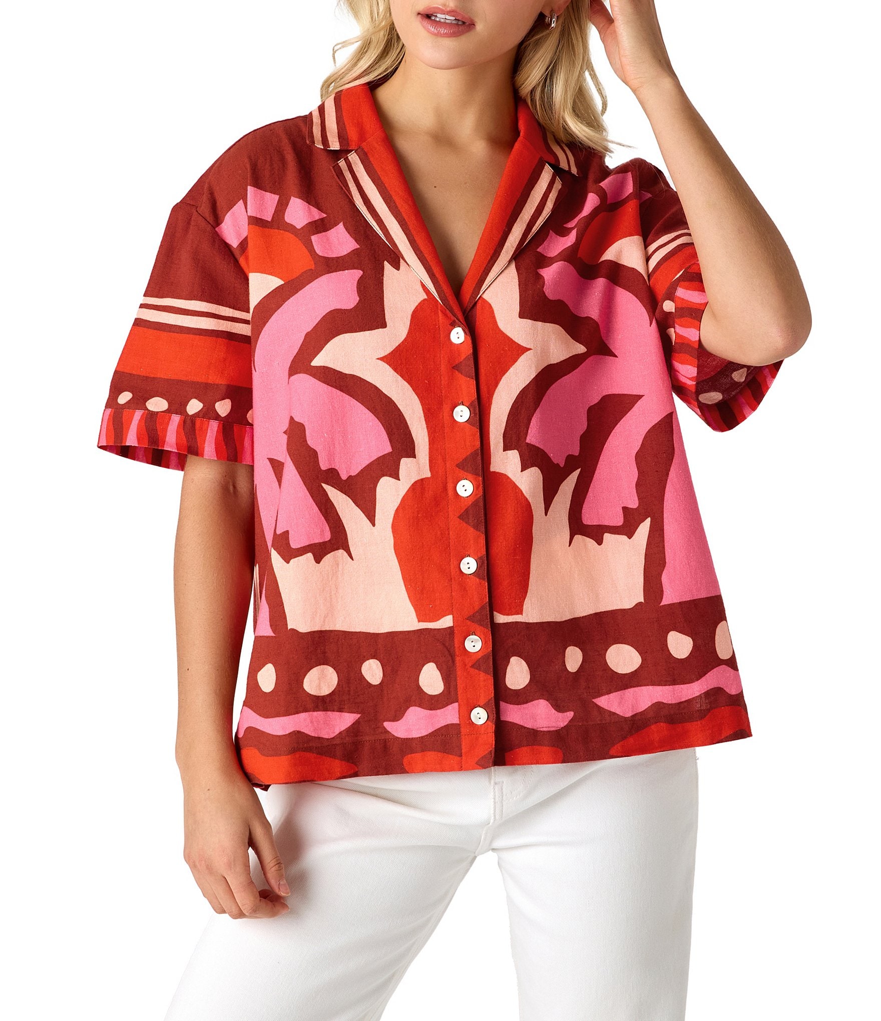 CROSBY by Mollie Burch Iker Coordinating Cotton Linen Blend Short Sleeve Button Front Box Top