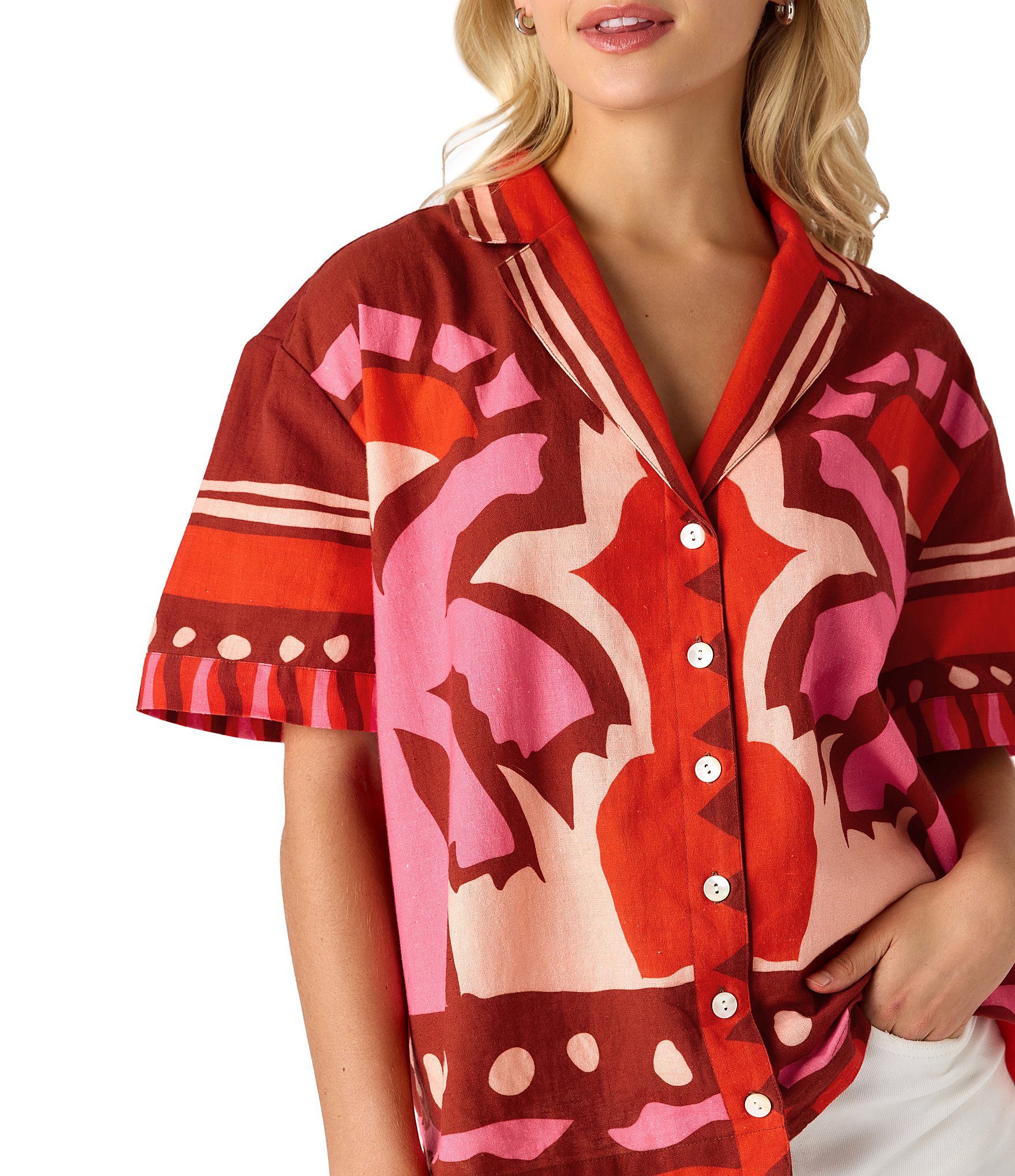CROSBY by Mollie Burch Iker Coordinating Cotton Linen Blend Short Sleeve Button Front Box Top